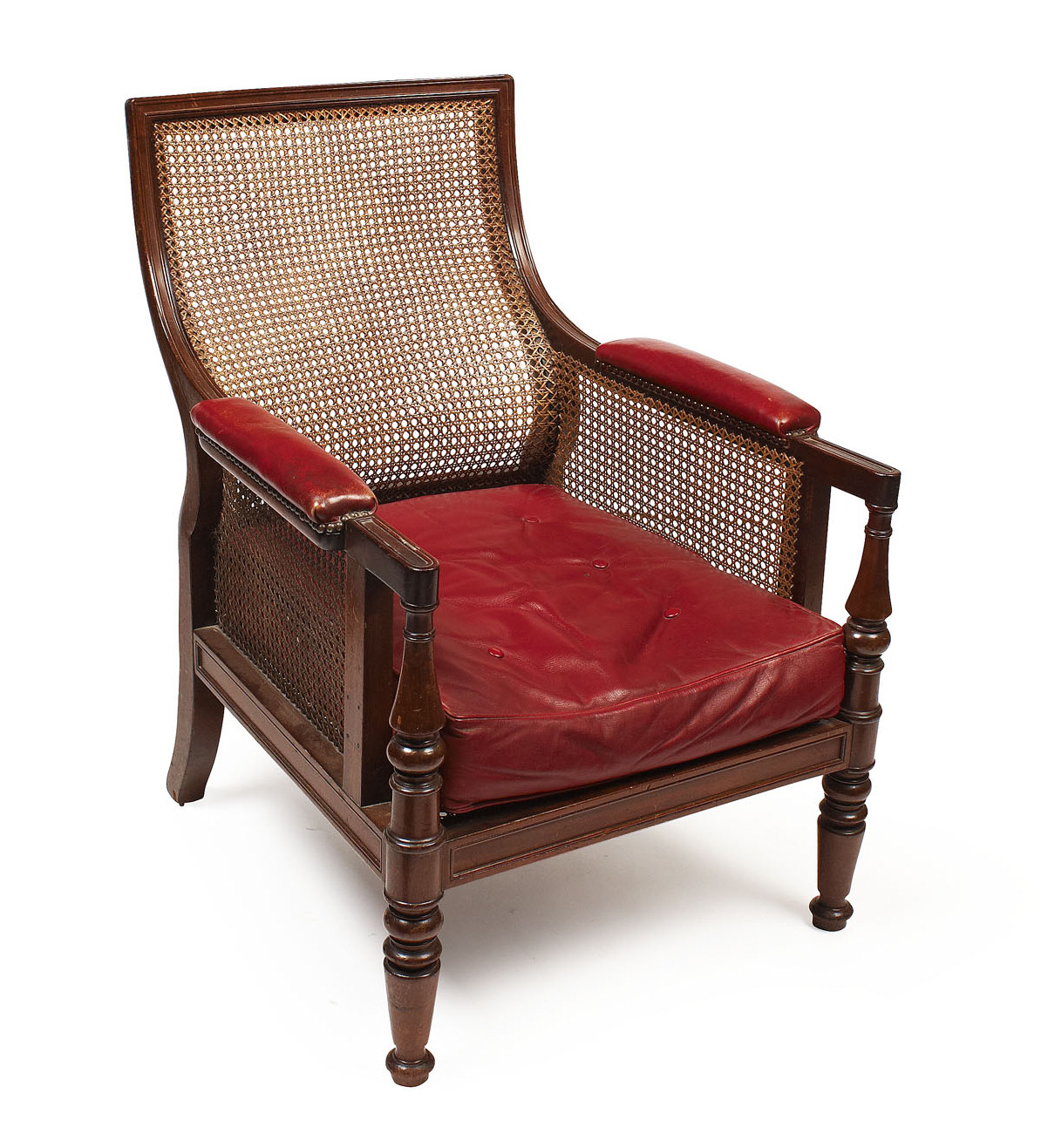 REGENCY MAHOGANY AND LEATHER UPHOLSTERED LIBRARY ARMCHAIR