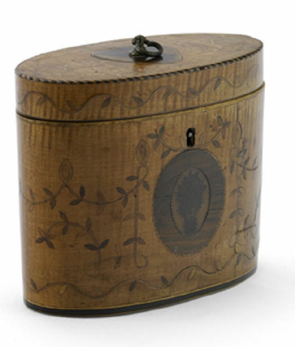 A George III satinwood and marquetry tea caddy
