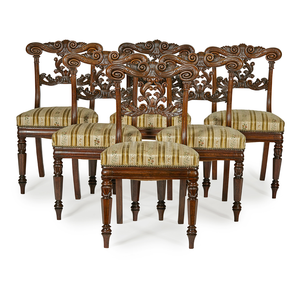 SET OF SIX IRISH REGENCY ROSEWOOD DINING CHAIRS BY STRAHAN, DUBLIN