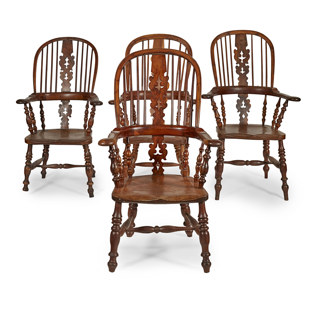 MATCHED SET OF FOUR YEW AND ELM WINDSOR ARMCHAIRS