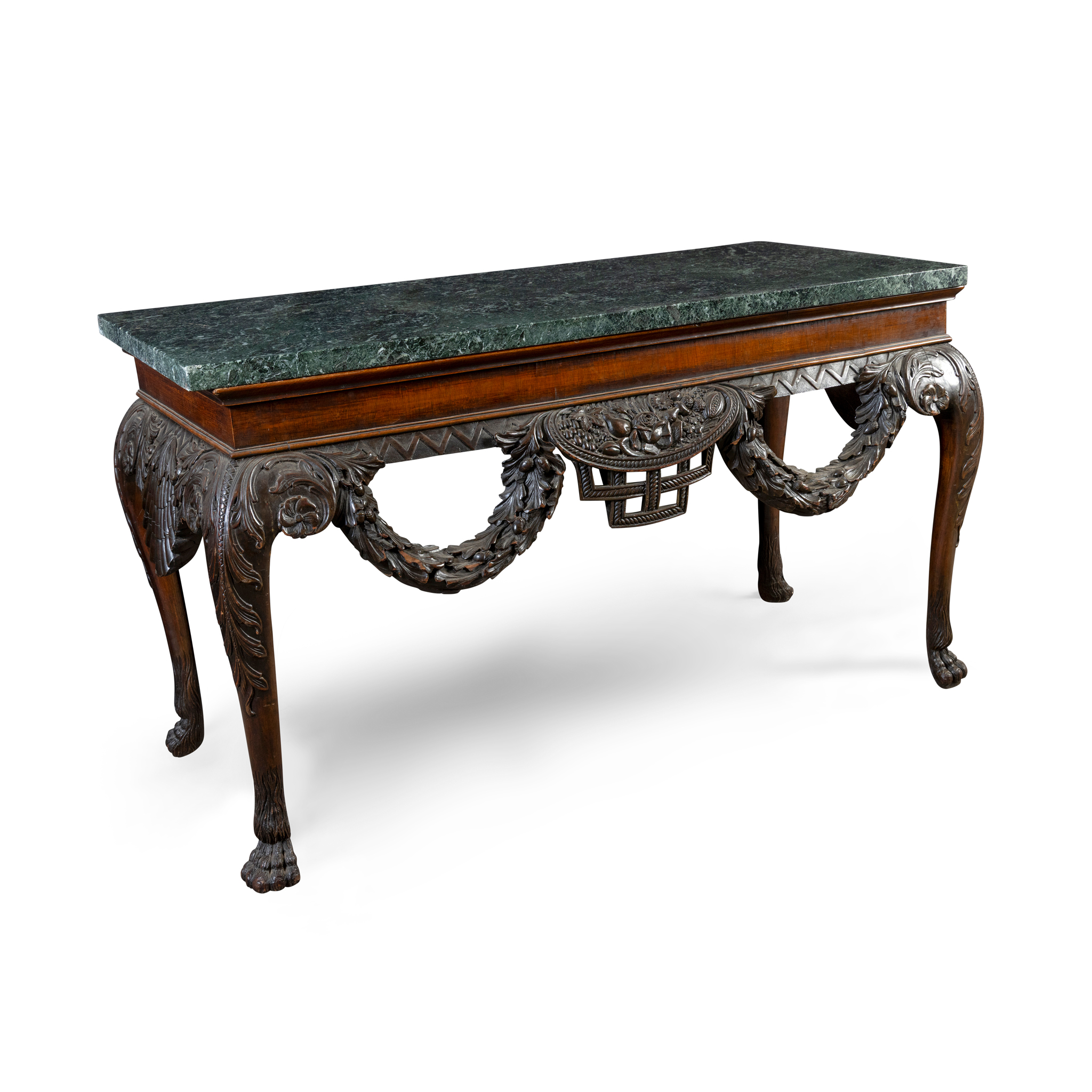 A MAHOGANY AND GREEN MARBLE TOP SIDE TABLE