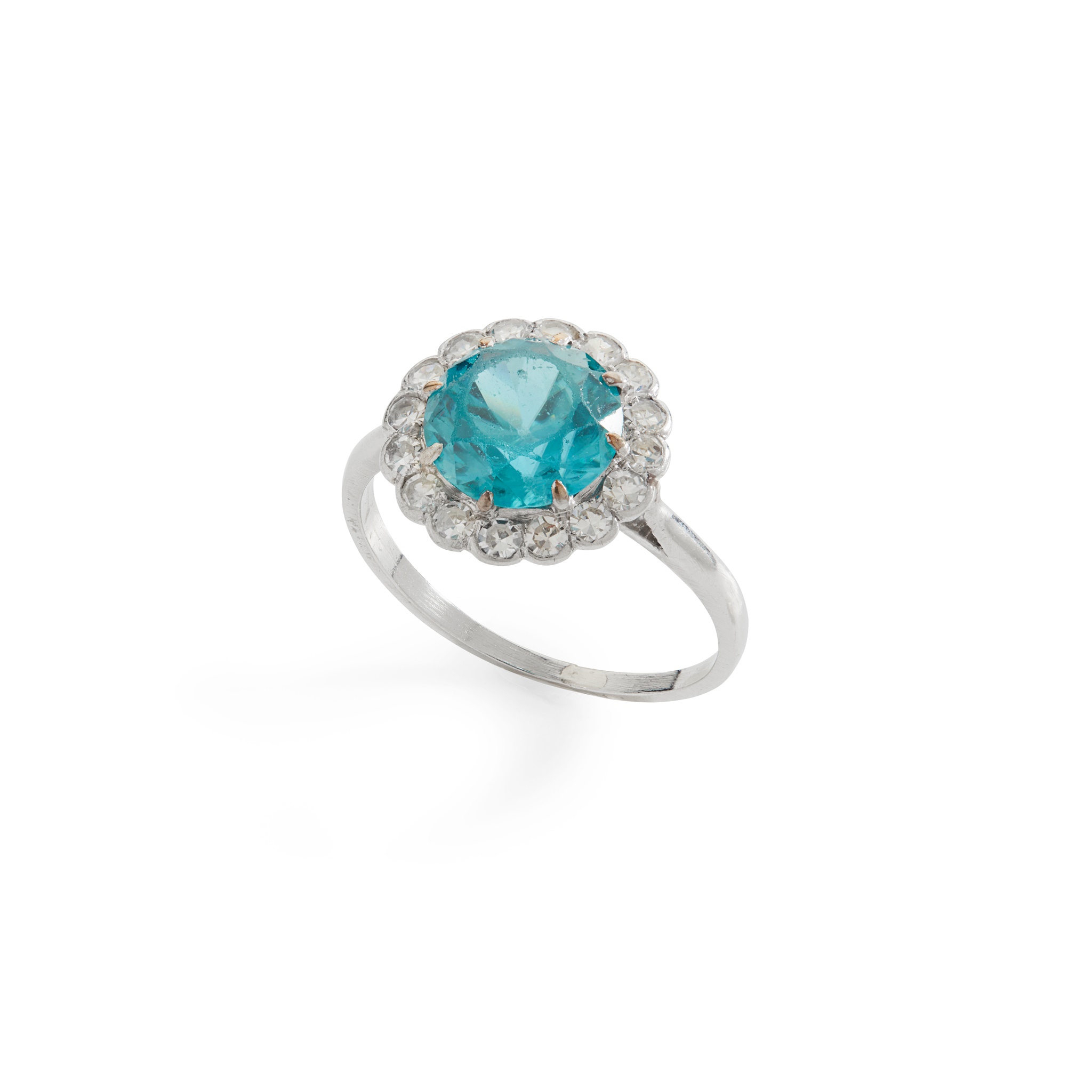 A blue zircon and diamond cluster ring