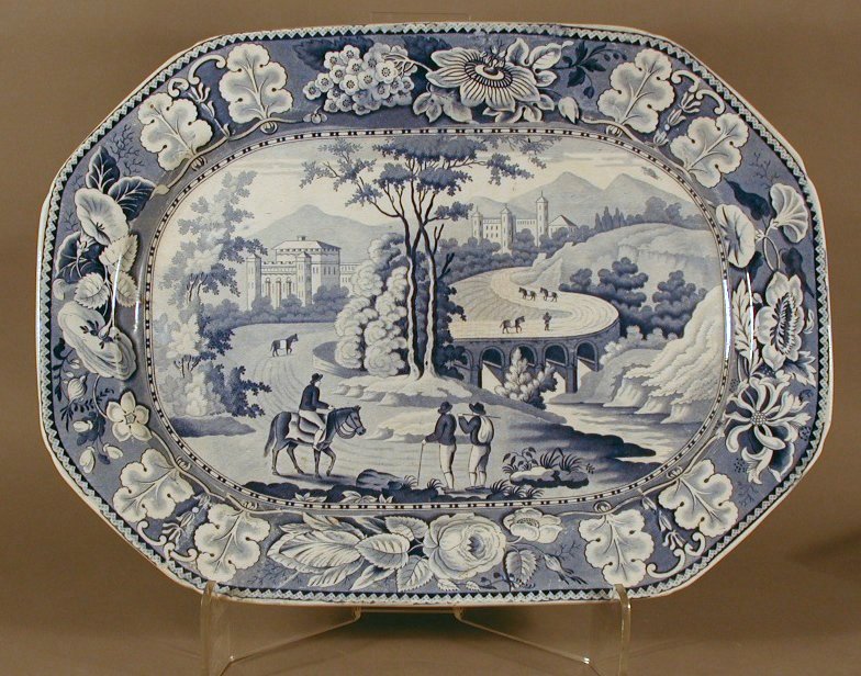 An English blue printed canted rectangular ashet