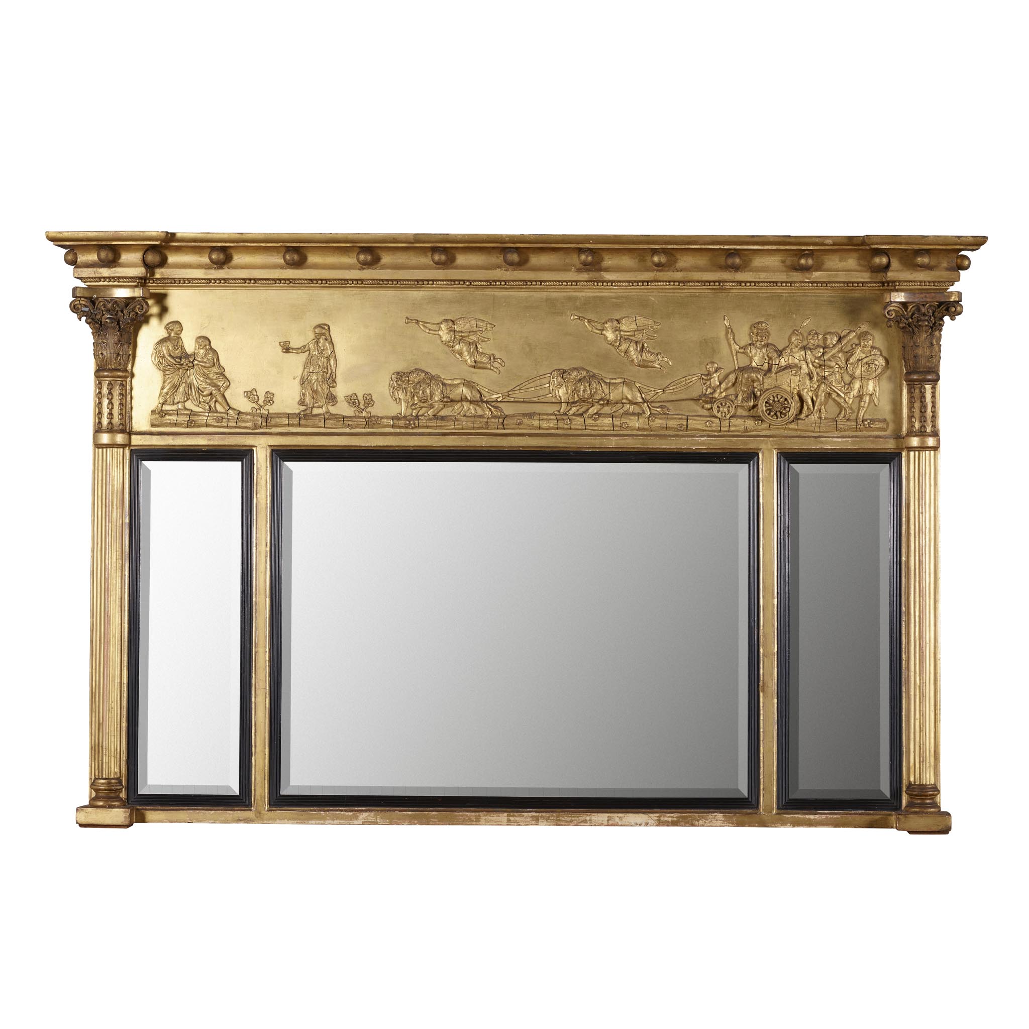 REGENCY GILTWOOD AND GESSO TRIPLE OVERMANTEL MIRROR