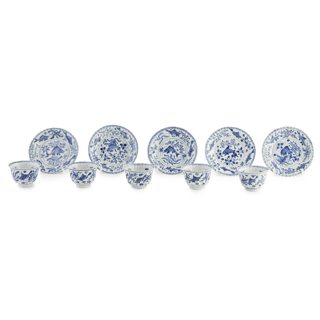 SET OF FIVE BLUE AND WHITE CUPS AND SAUCERS