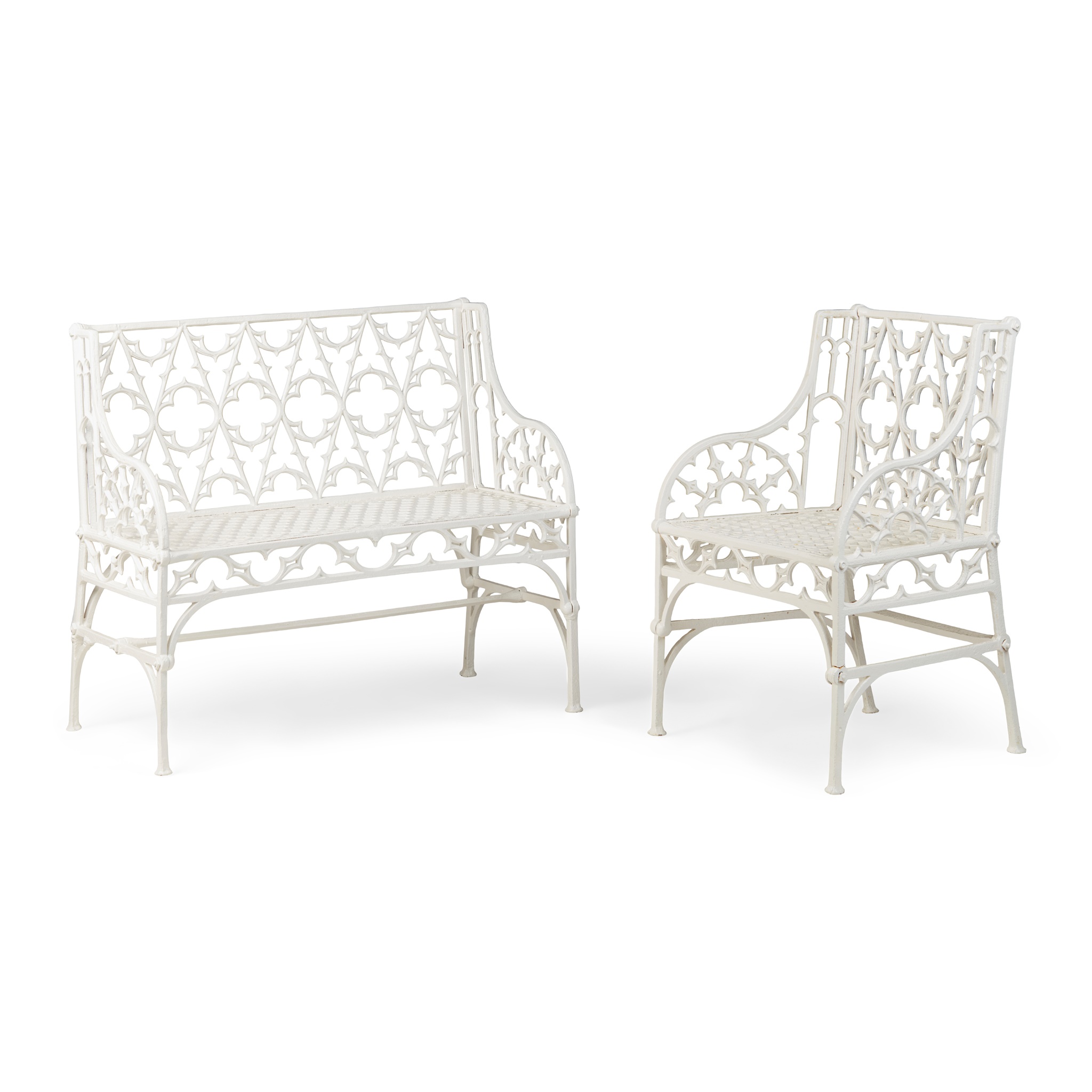 FRENCH CAST-IRON GOTHIC GARDEN BENCH AND ARMCHAIR, AFTER THE MODEL BY THE VAL D'OSNE FOUNDRY