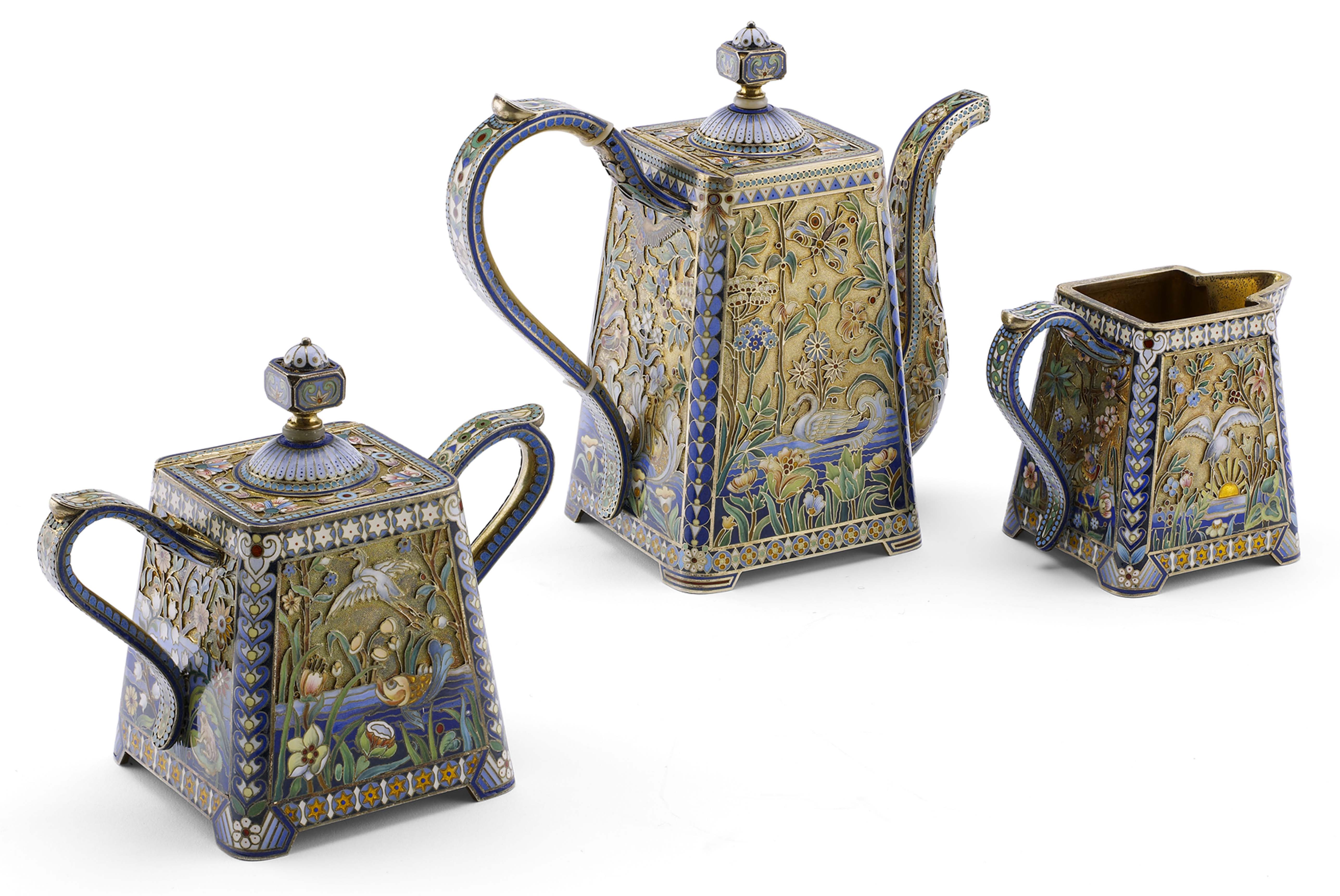 An extremely fine Russian silver-gilt and shaded enamel coffee service