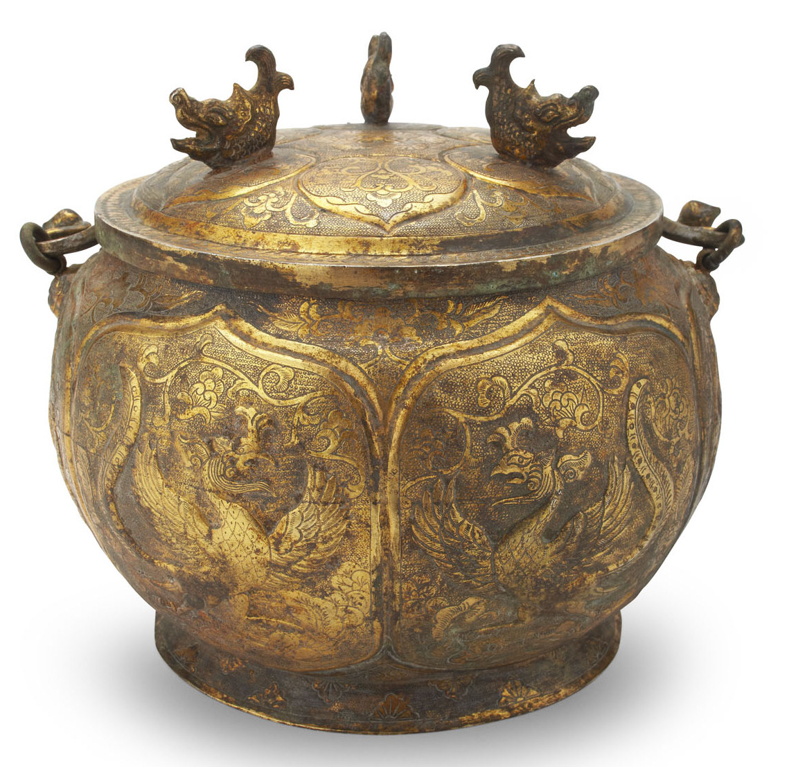RARE CHINESE GILT-COPPER REPOUSSE JAR AND COVER