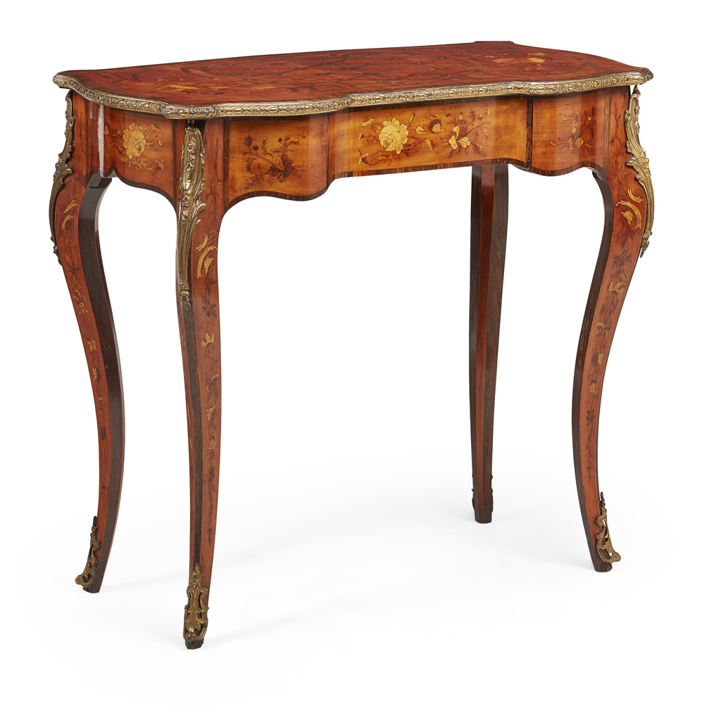VICTORIAN KINGWOOD, MARQUETRY AND GILT BRONZE MOUNTED TABLE, IN THE MANNER OF HOLLAND & SONS