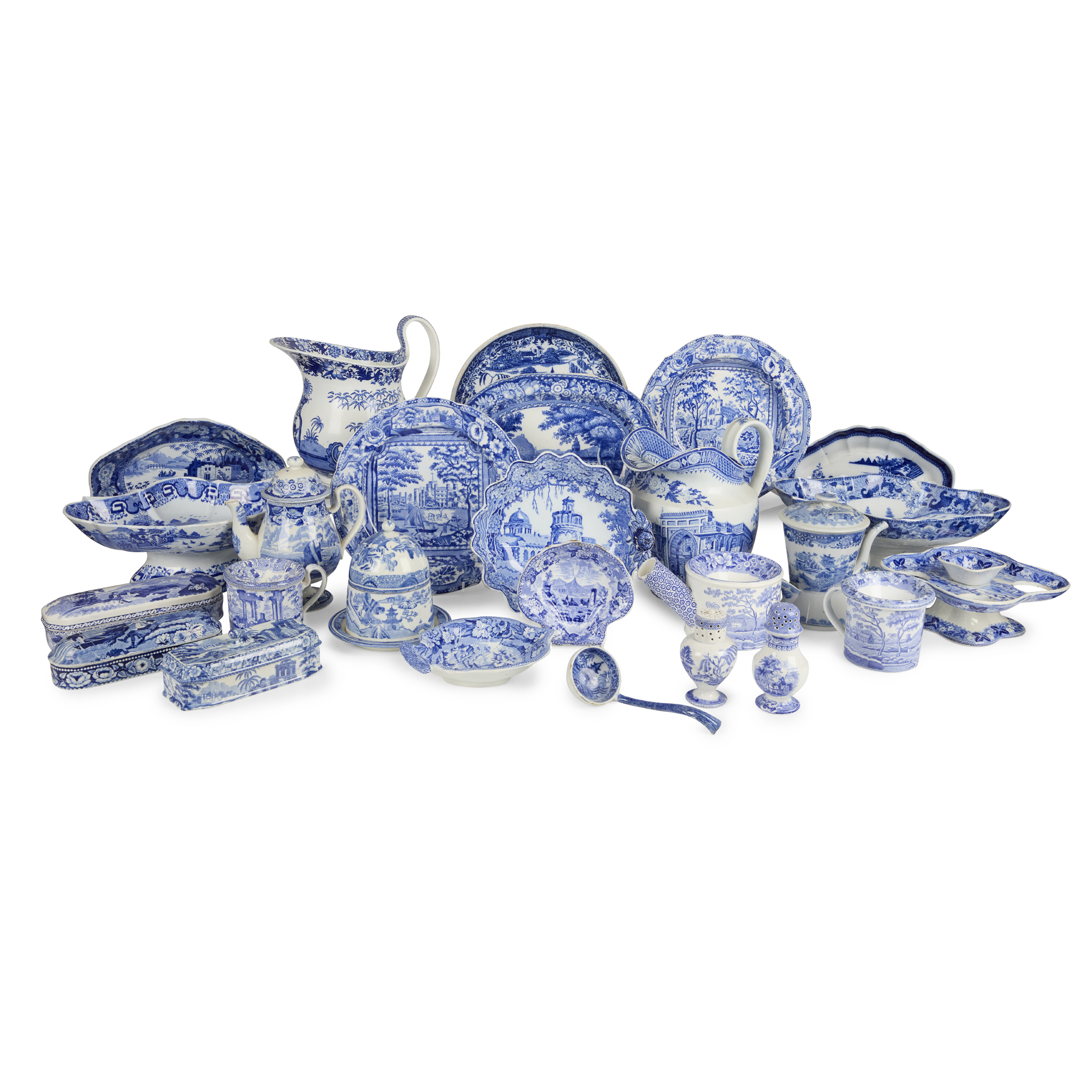 LARGE COLLECTION OF BLUE AND WHITE TRANSFER PRINTED WARES BY VARIOUS MAKERS