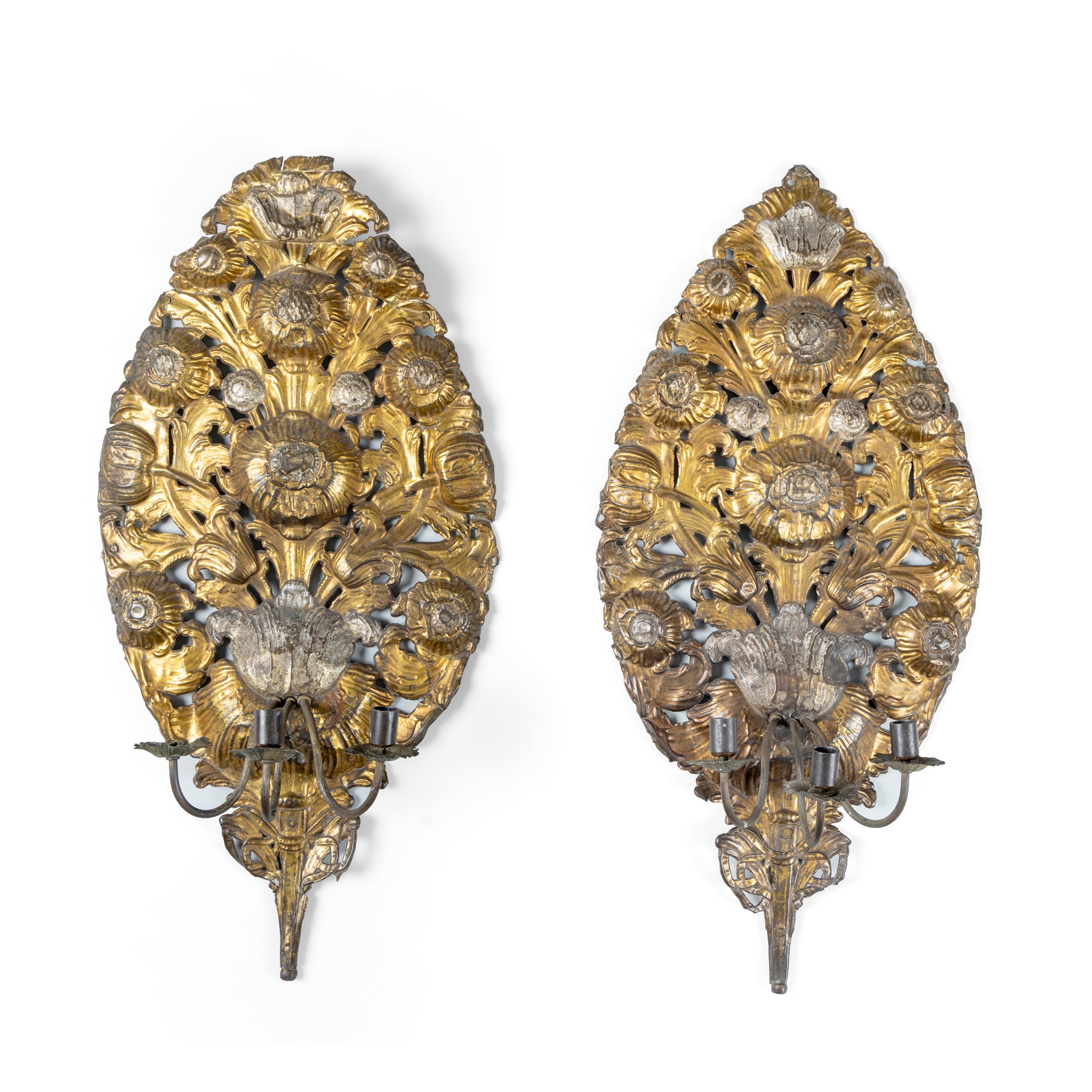 A PAIR OF PRESSED BRASS SOUTHERN EUROPEAN WALL LIGHTS