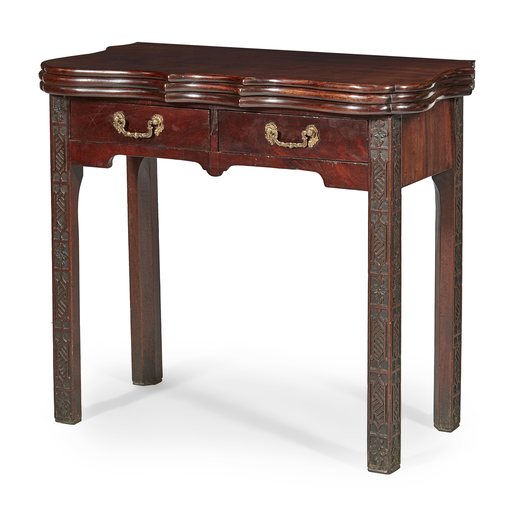 GEORGE III MAHOGANY SERPENTINE TRIPLE-FOLD TEA AND CARD TABLE