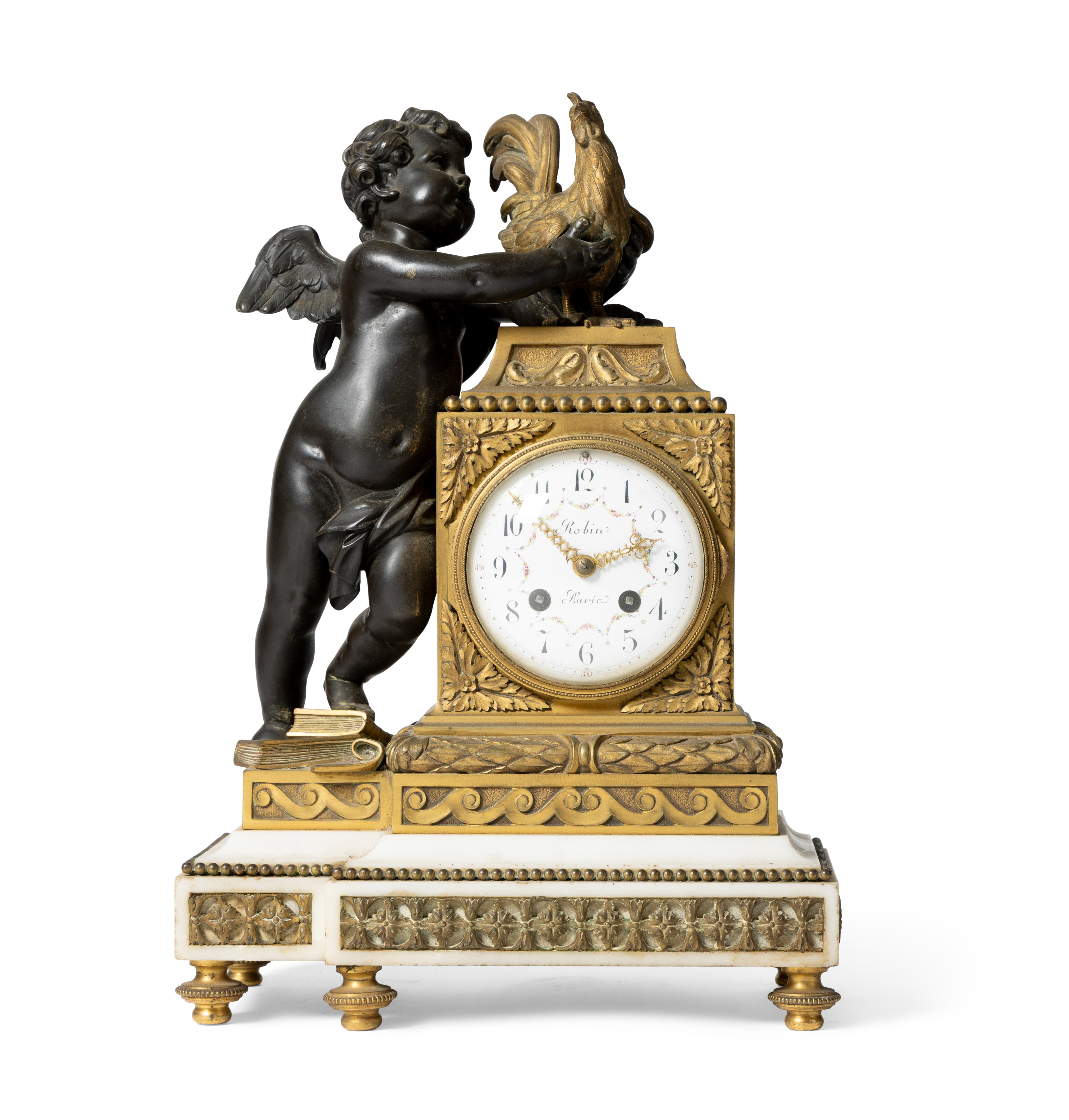 A FRENCH BRONZE AND GILT BRONZE AND MARBLE MANTEL CLOCK