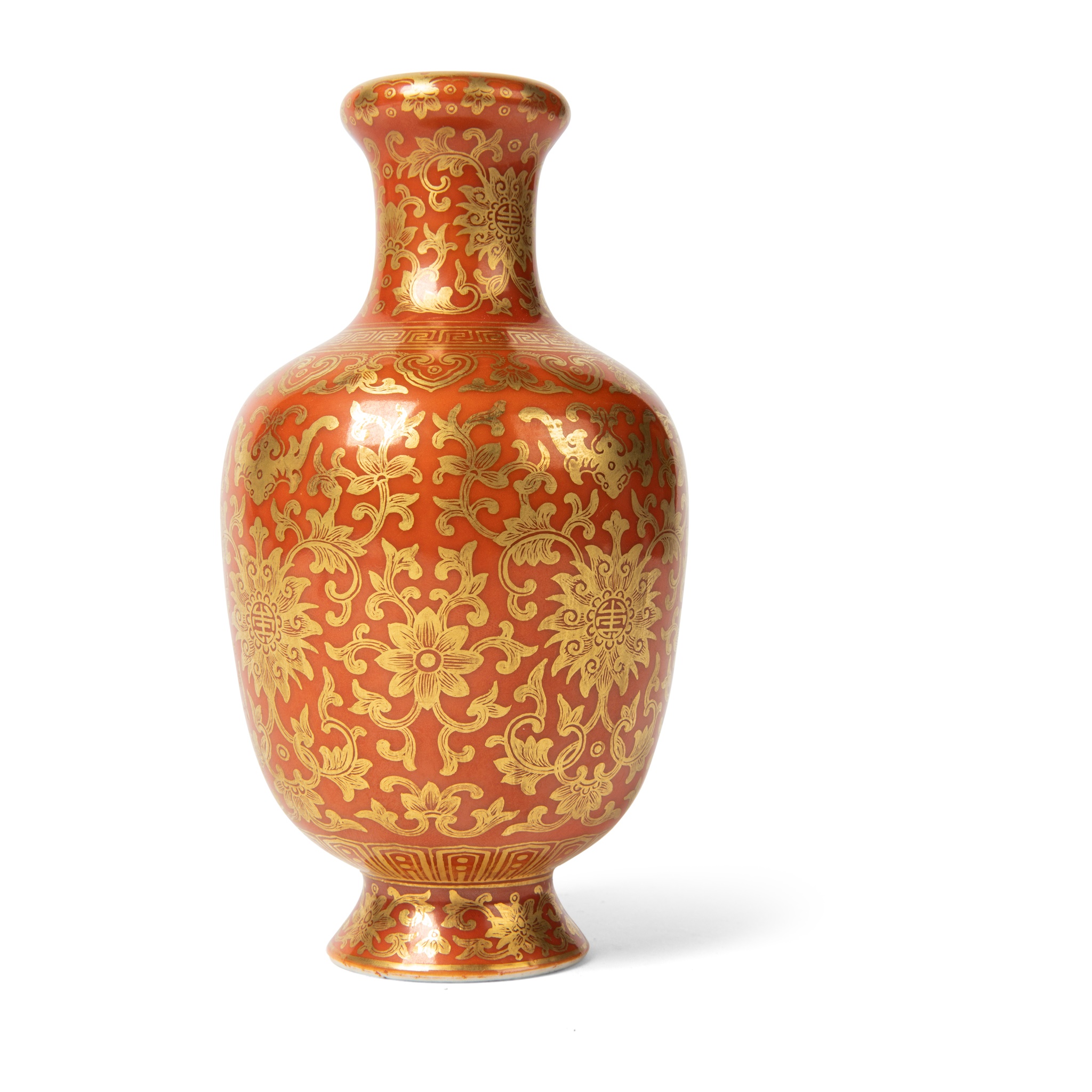 CORAL-RED GROUND AND GILT DECORATED VASE