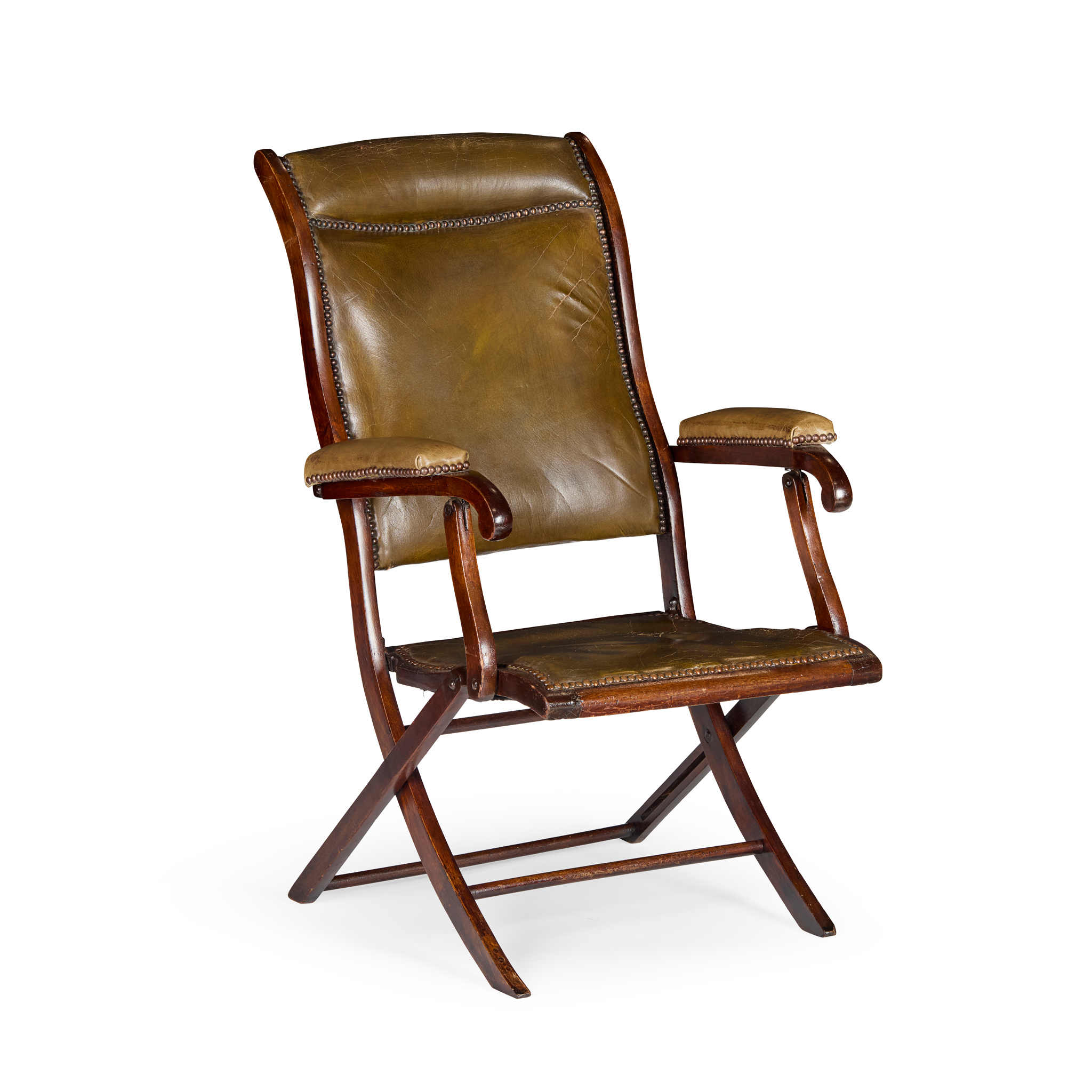 VICTORIAN STAINED BEECH AND LEATHER FOLDING CAMPAIGN CHAIR