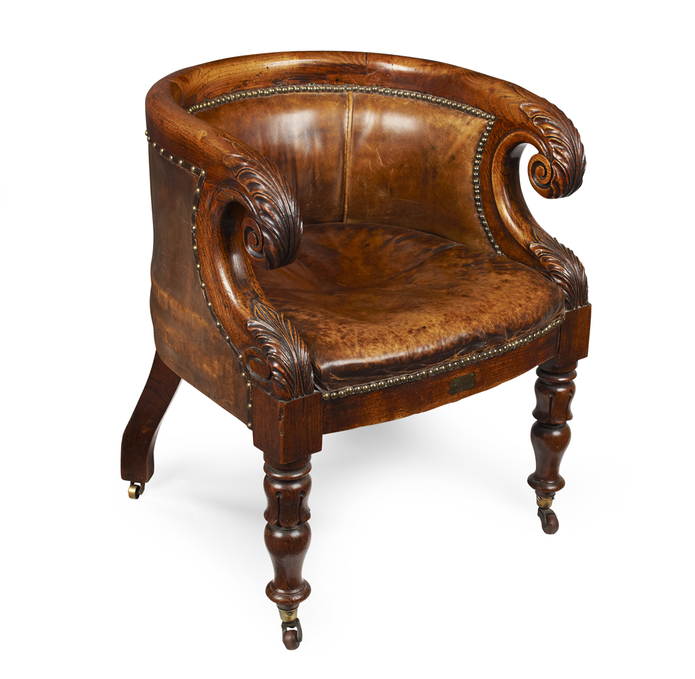 SMALL EARLY VICTORIAN OAK AND UPHOLSTERED TUB ARM CHAIR