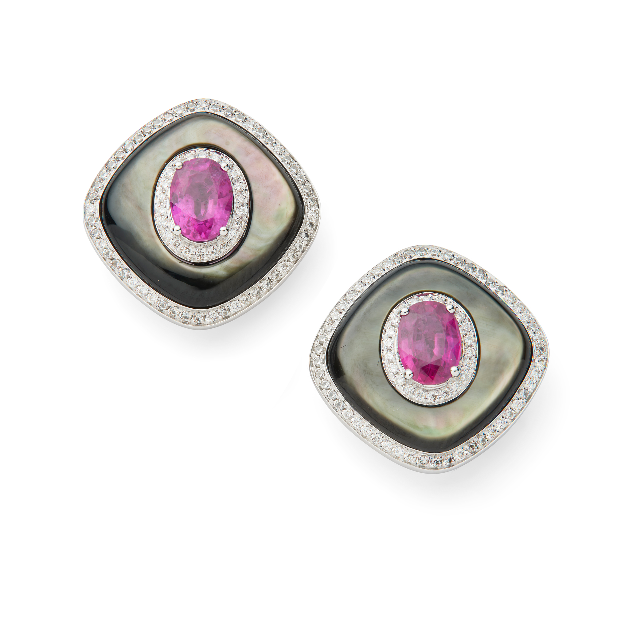 Fei Liu: A pair of ruby, mother-of-pearl and diamond earrings