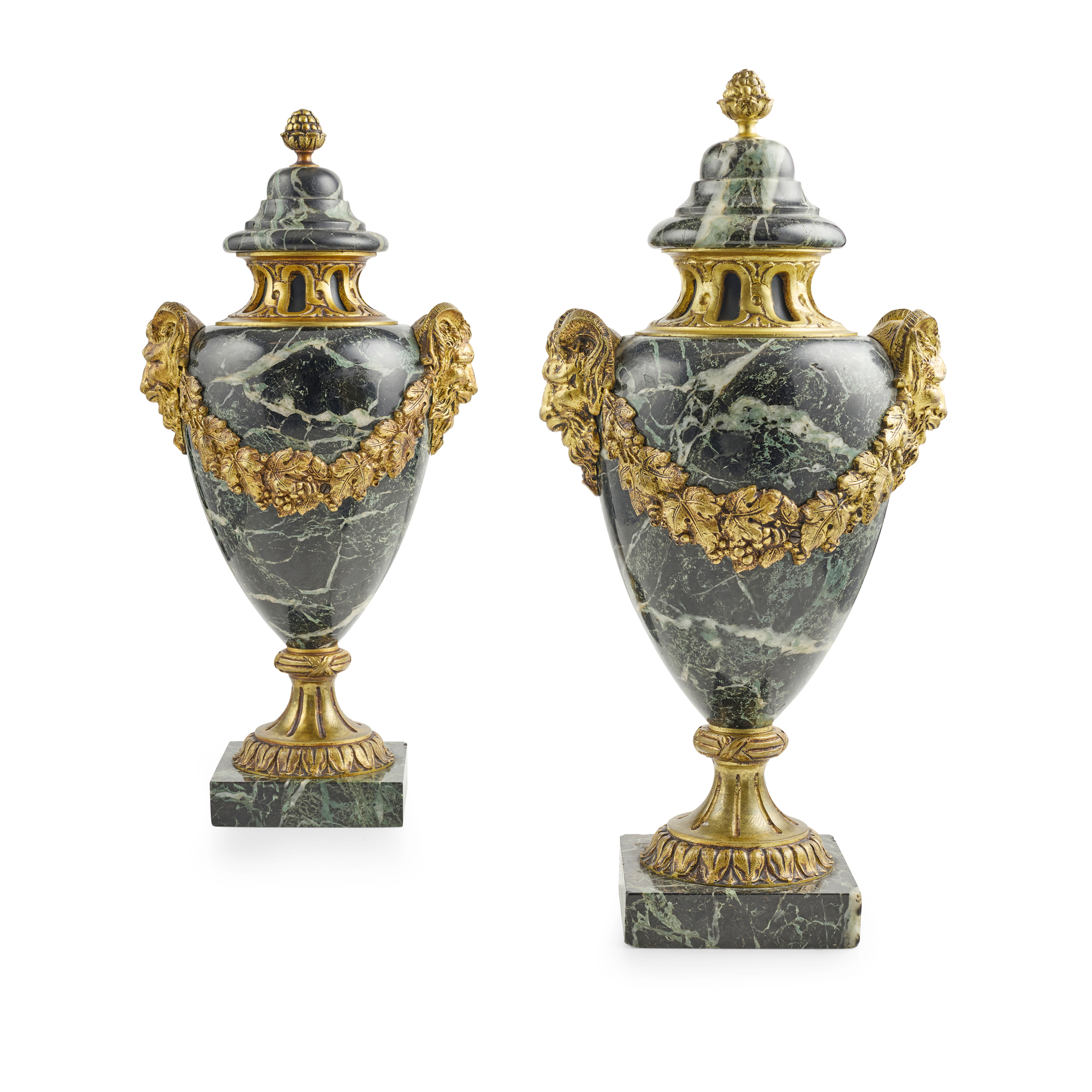PAIR OF FRENCH GILT BRONZE MOUNTED GREEN MARBLE URNS