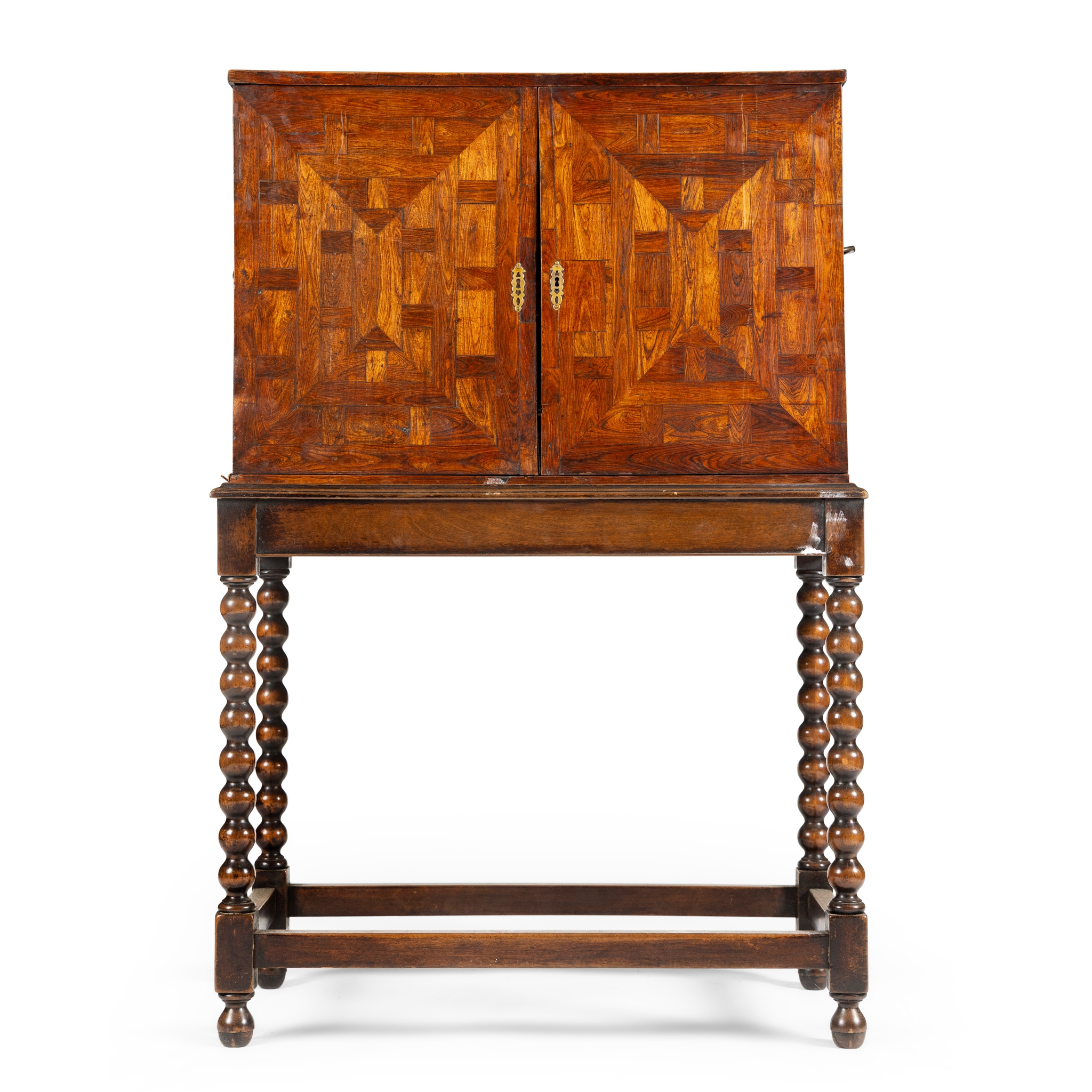 AN ITALIAN WALNUT PARQUETRY TABLE CABINET ON STAND