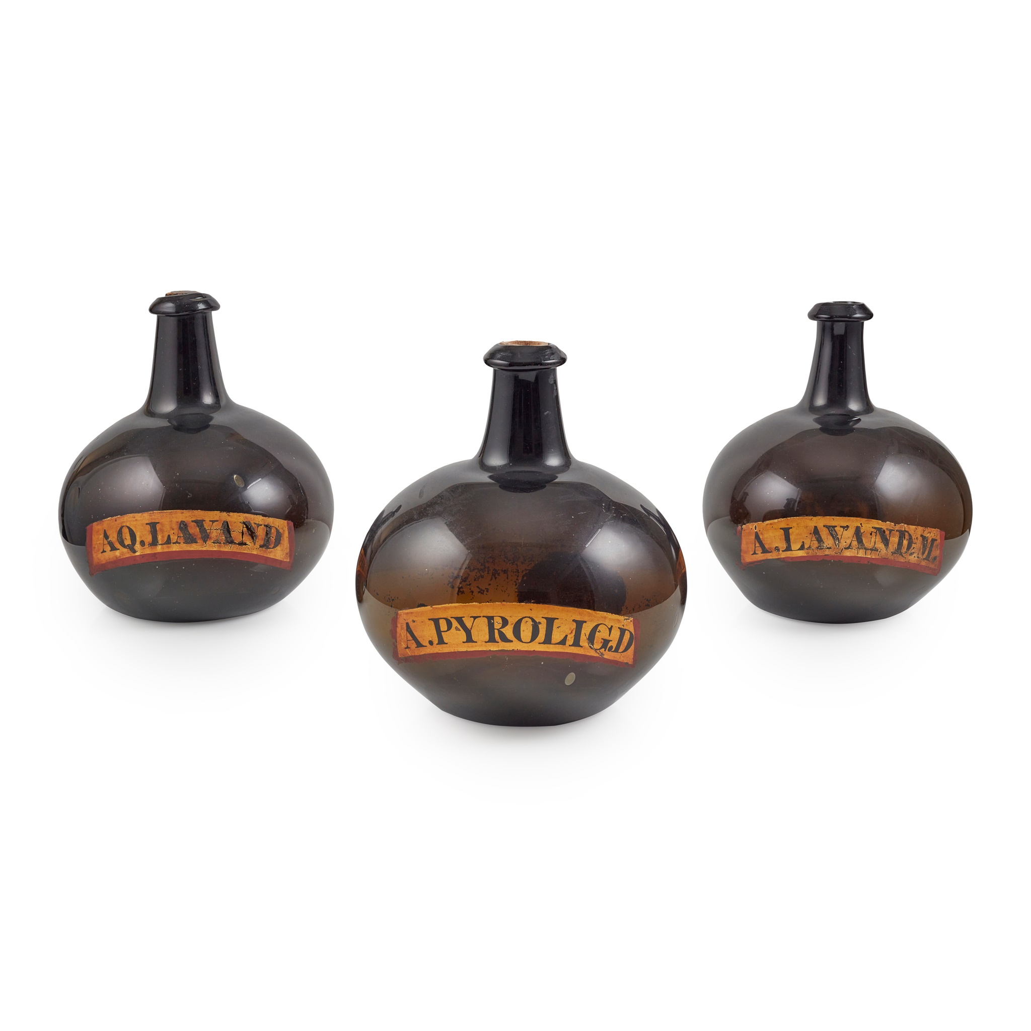 SET OF THREE LARGE AMBER GLASS APOTHECARY BOTTLES