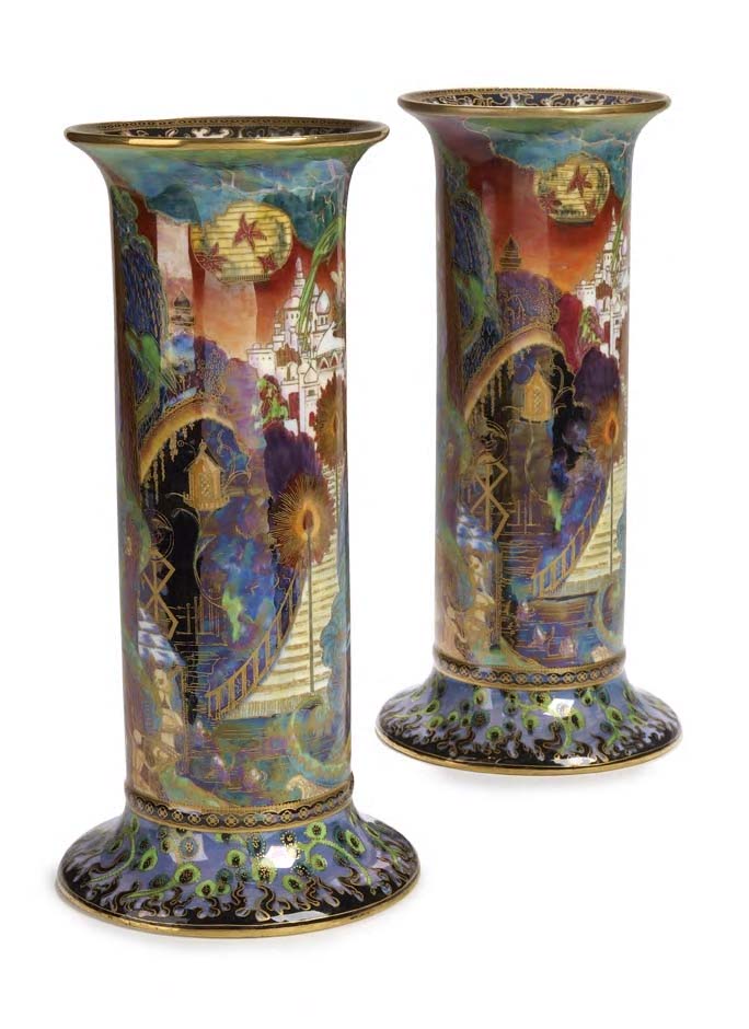 Daisy Makeig-Jones (1881 - 1945) A pair of Wedgwood 'Fairyland lustre' cylindrical vases,