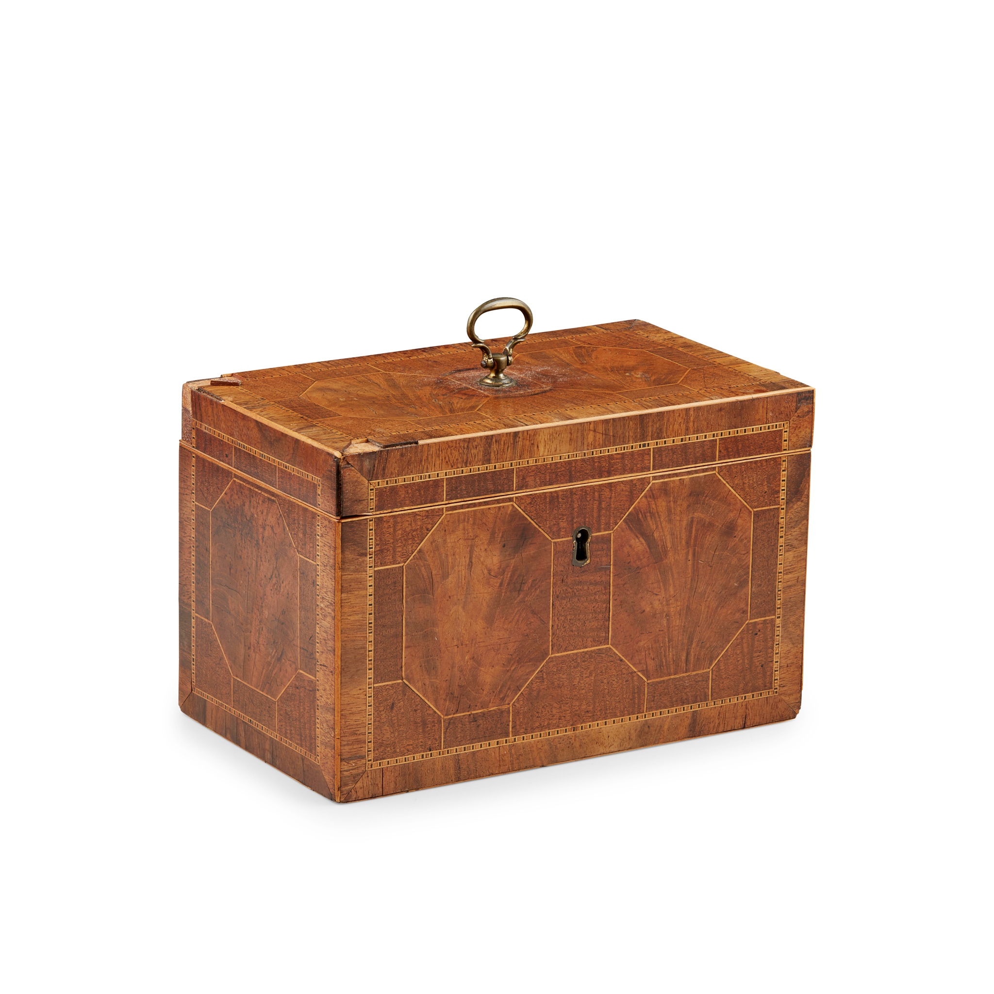 GEORGE III MAHOGANY AND BOXWOOD PARQUETRY TEA CADDY
