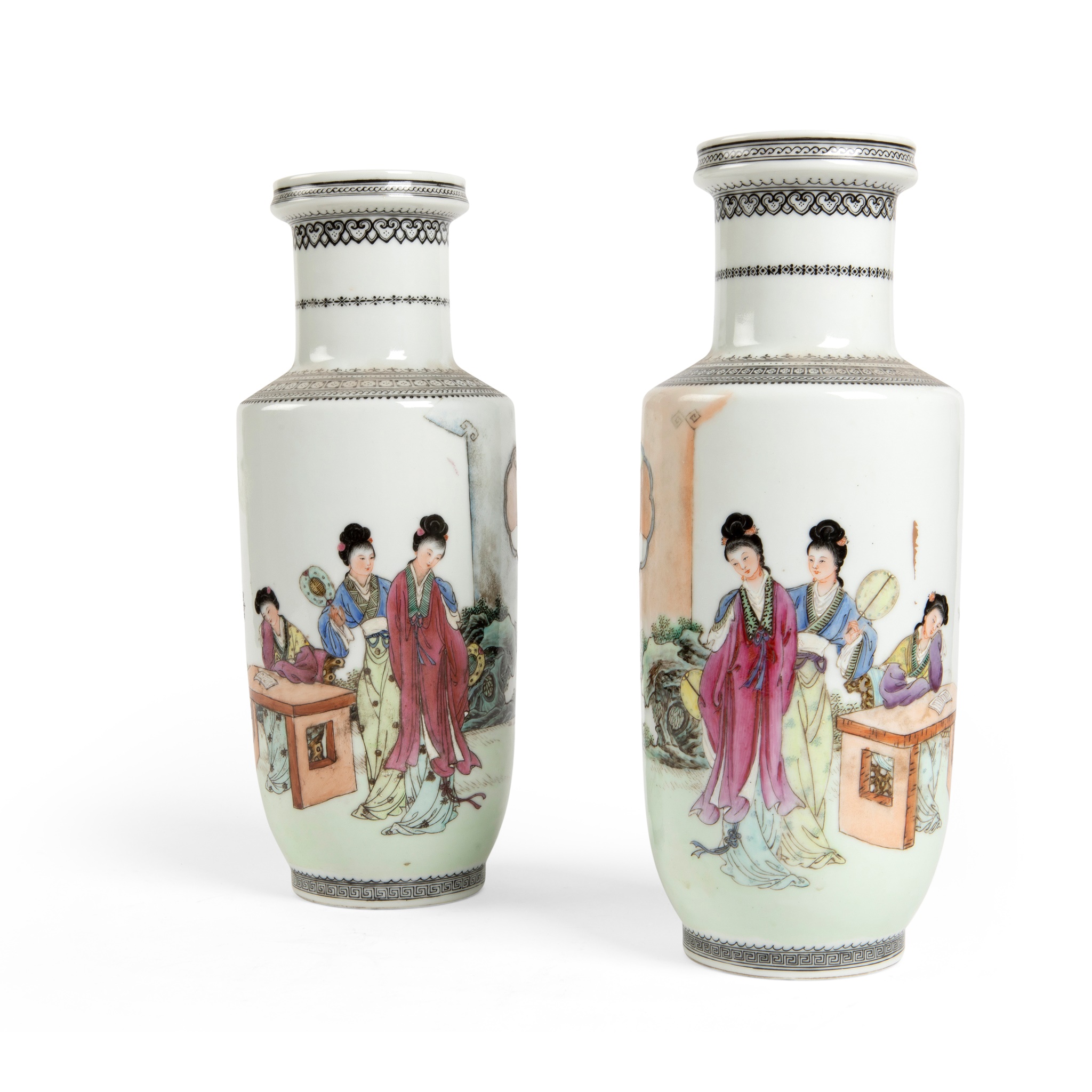 PAIR OF FAMILLE ROSE 'LADIES' BALUSTER VASE