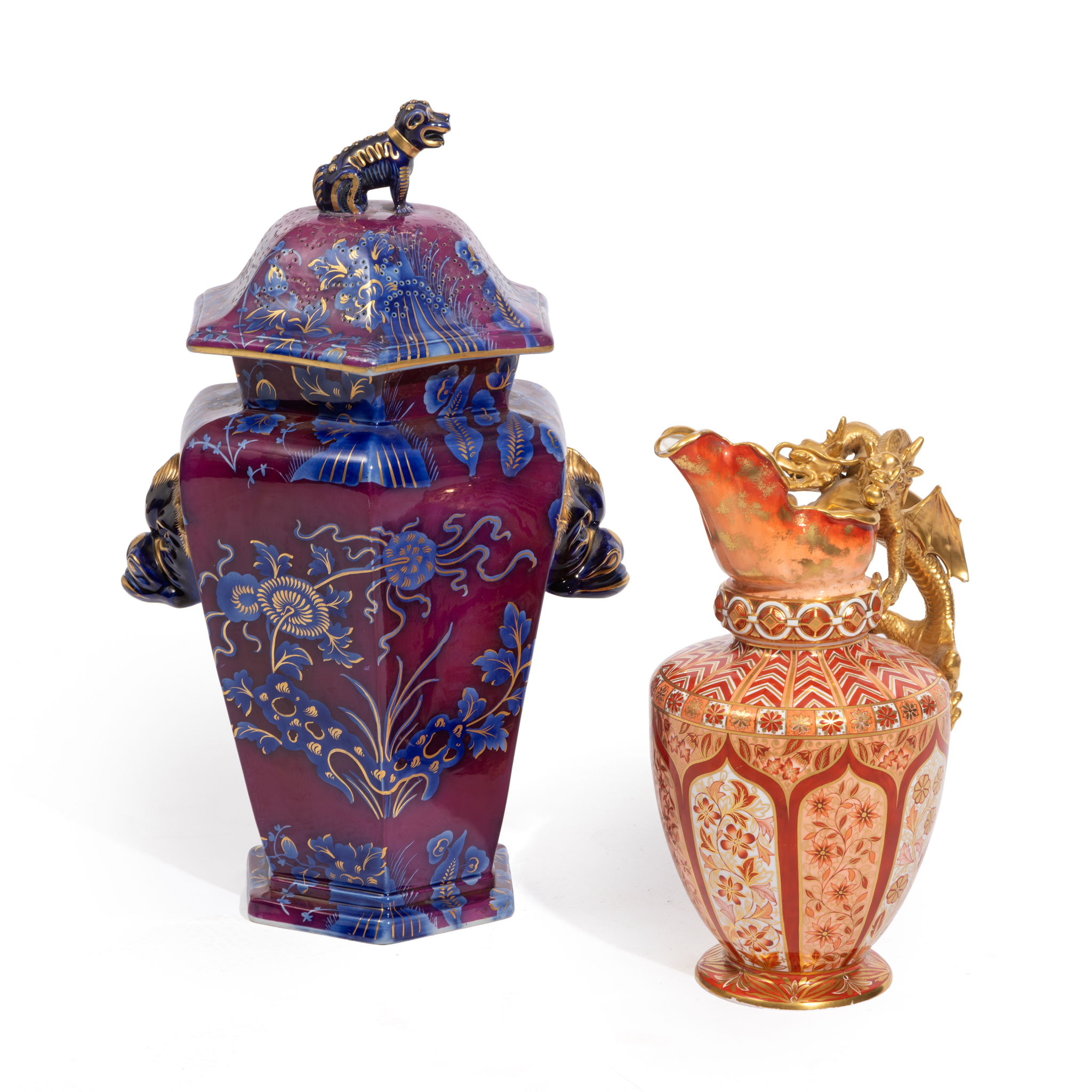 AN ALCOCKS ‘IRONSTONE’ CHINOISERIE HEXAGONAL POTTERY VASE WITH COVER AND A COPELAND ORNAMENTAL JUG