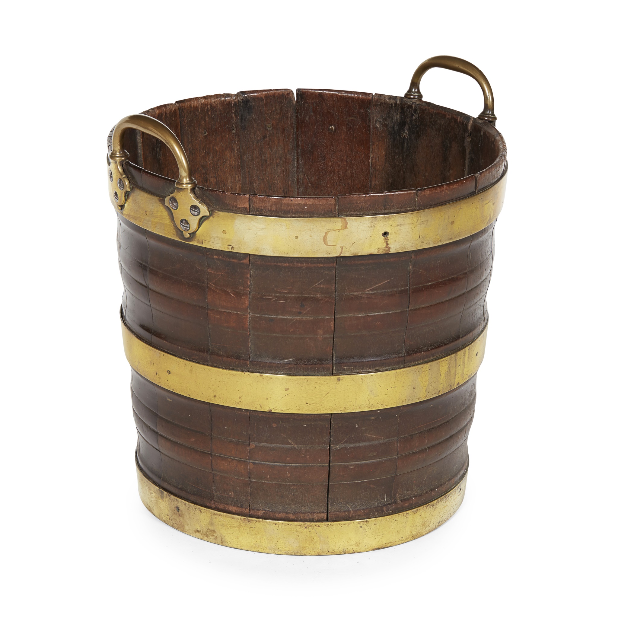 LATE GEORGE III IRISH MAHOGANY AND BRASS PEAT BUCKET