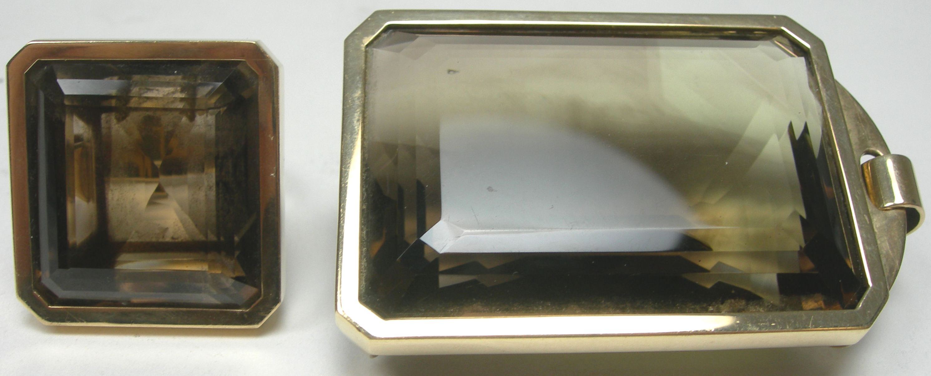 A 1970's 9ct gold mounted smoky quartz pendant and matching cocktail ring,