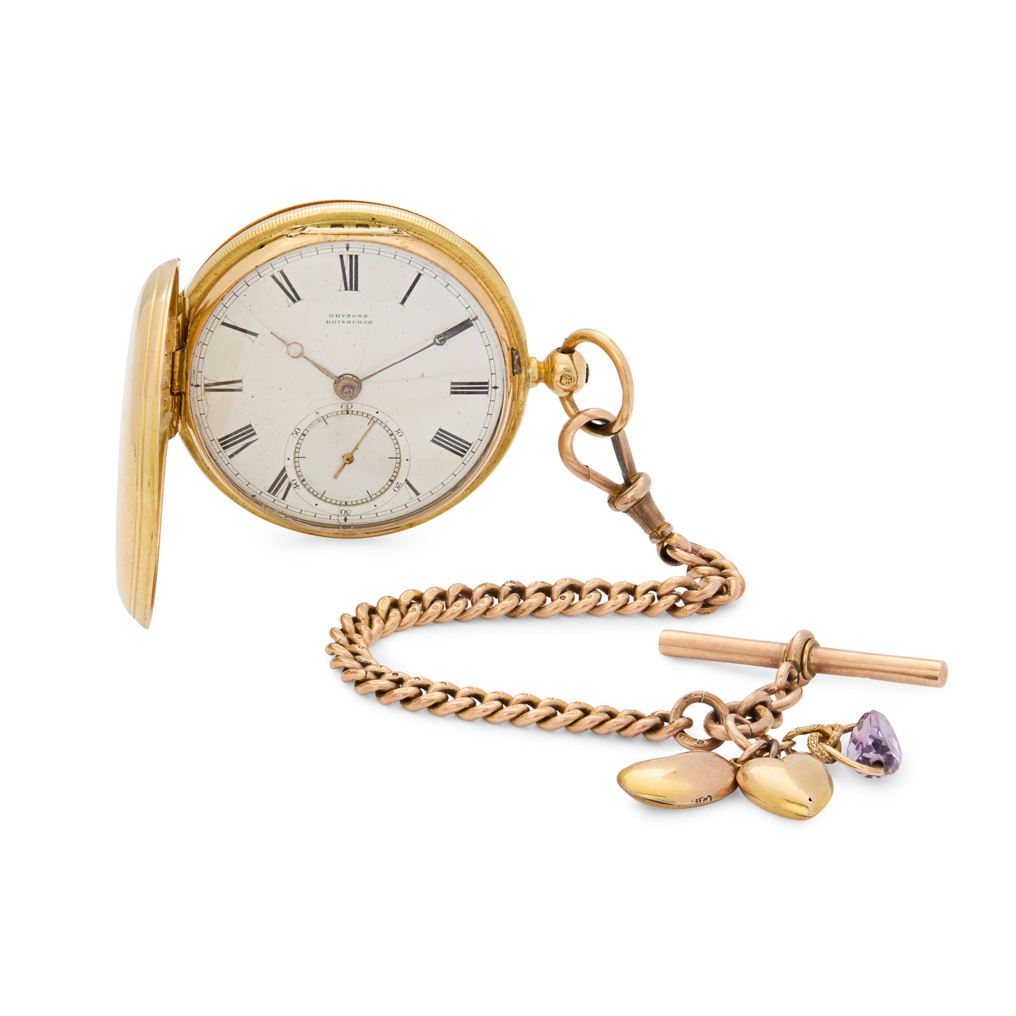 R. Bryson & Sons, Edinburgh. An 18k gold hunting cased key-wind pocket watch with a 9k gold chain
