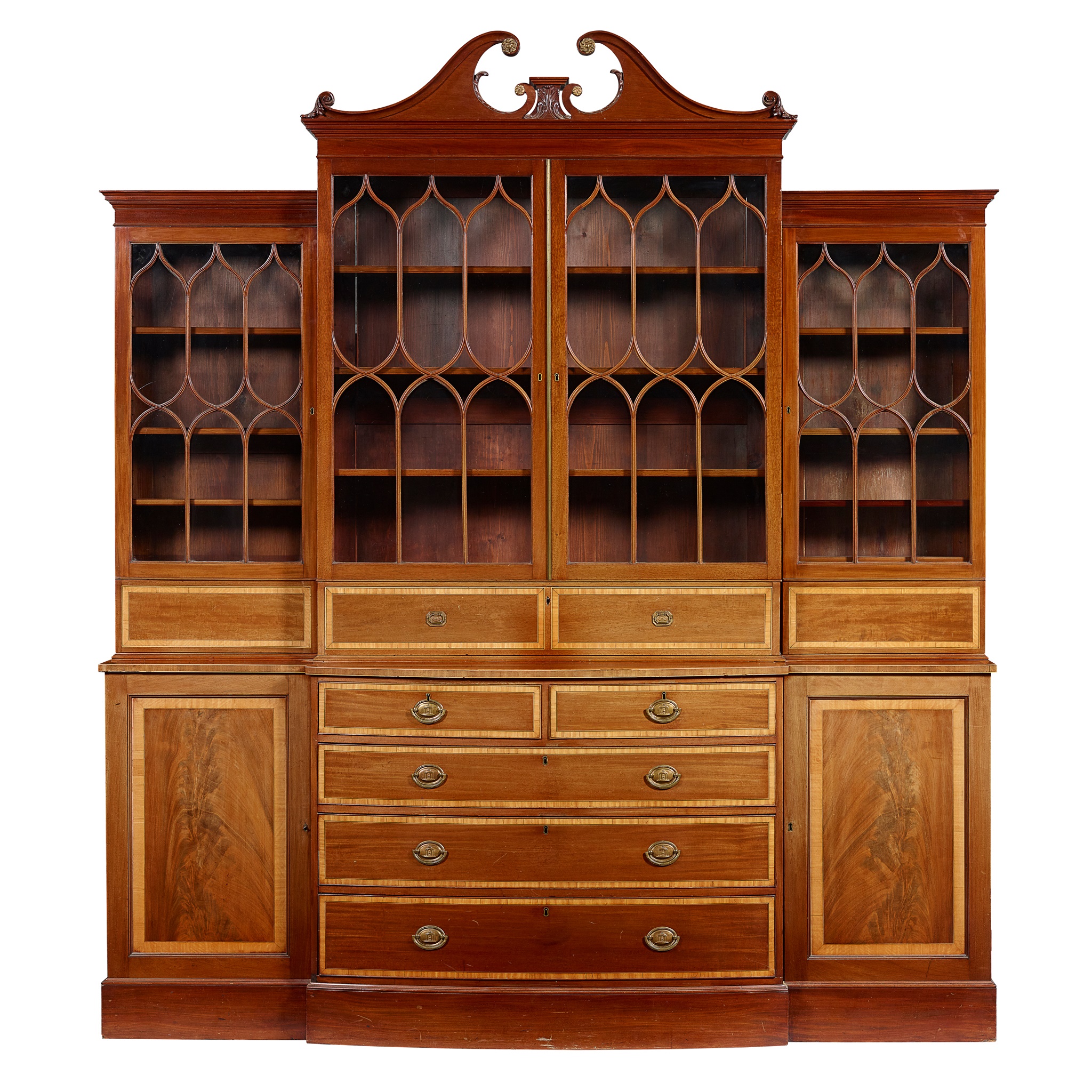 GEORGE III MAHOGANY AND SATINWOOD BREAKFRONT BOOKCASE