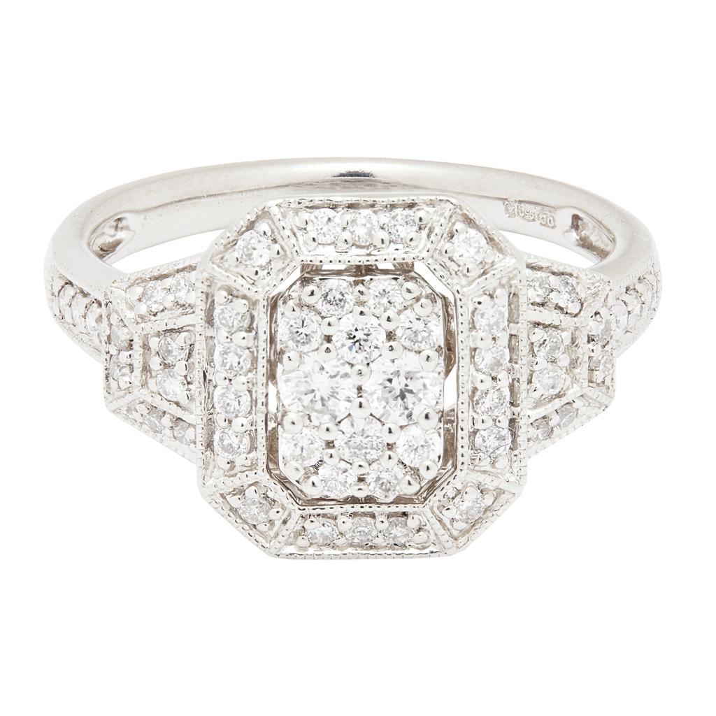 A modern platinum and diamond set cluster ring