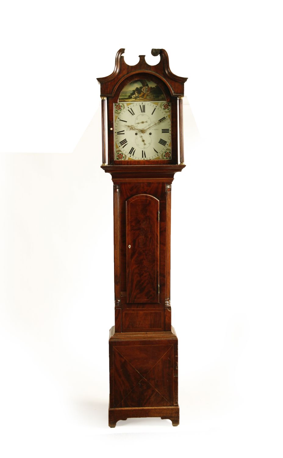 GEORGIAN MAHOGANY AND BOXWOOD STRUNG EIGHT DAY LONG CASE CLOCK