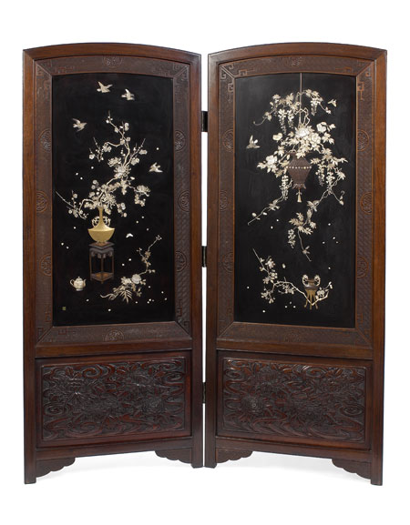 A Japanese Meiji period carved hardwood and ornamental lacquer bi-fold screen