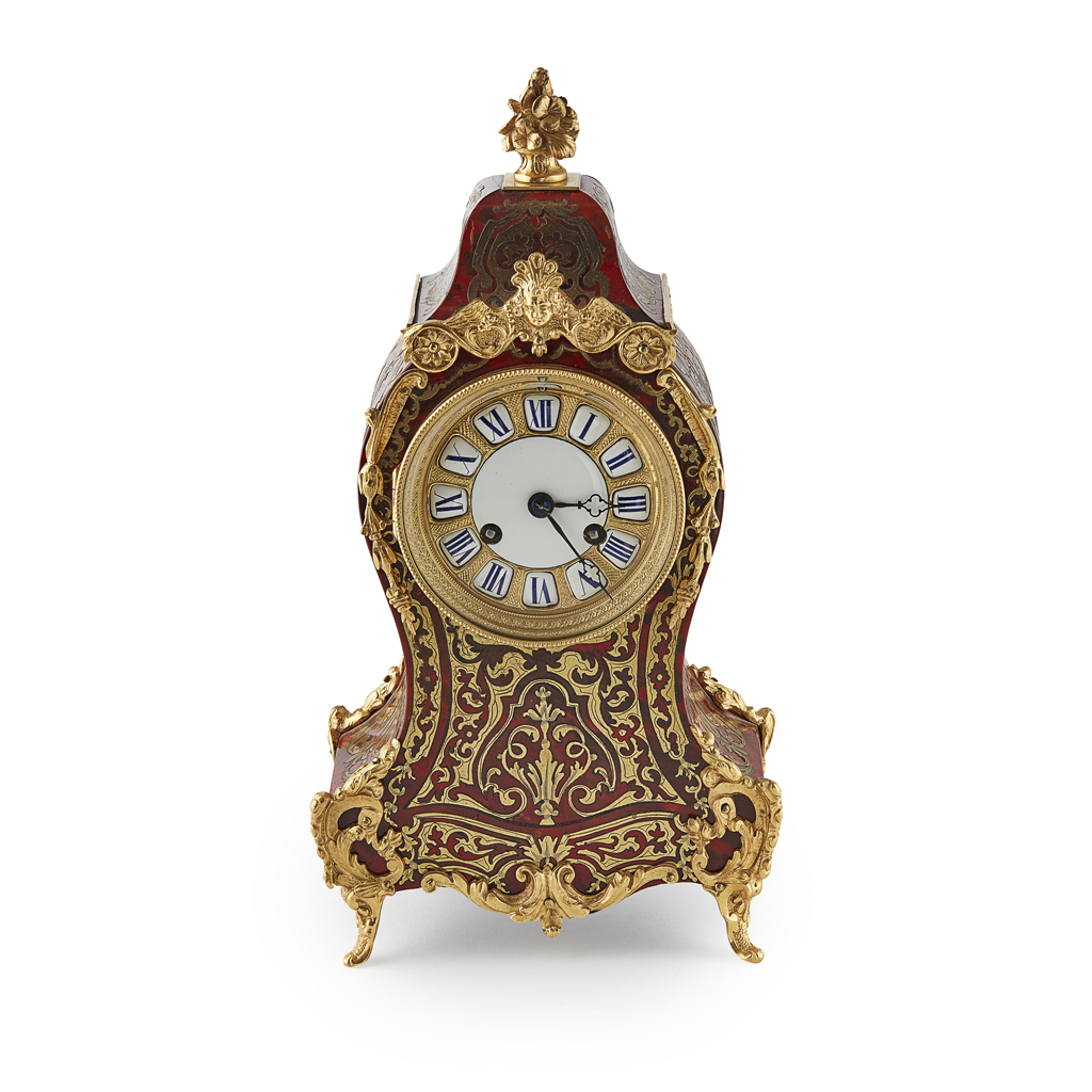 SMALL FRENCH BOULLE MARQUETRY AND GILT METAL MANTEL CLOCK