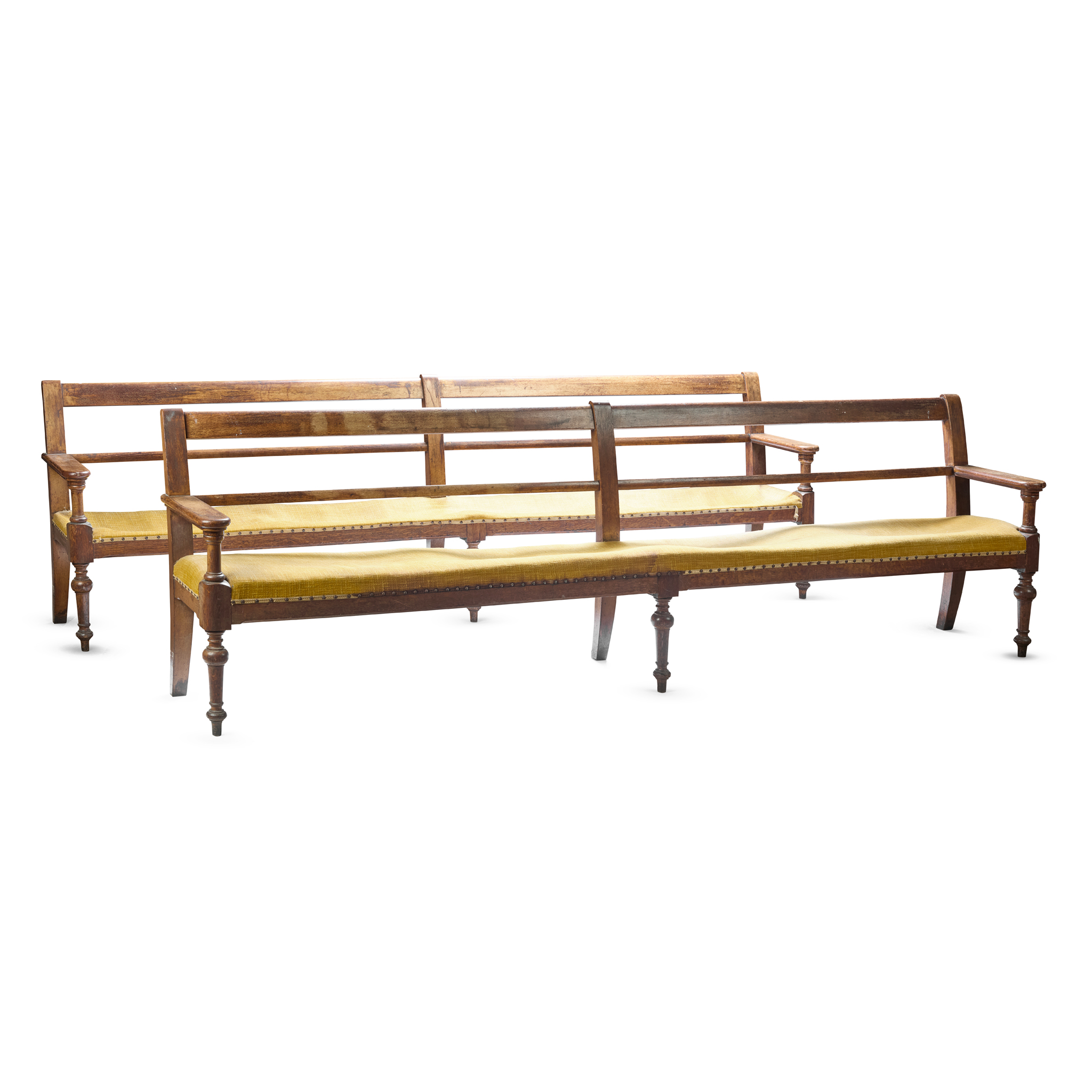 PAIR OF LONG OAK BENCHES, BY JOHN TAYLOR & SONS, EDINBURGH