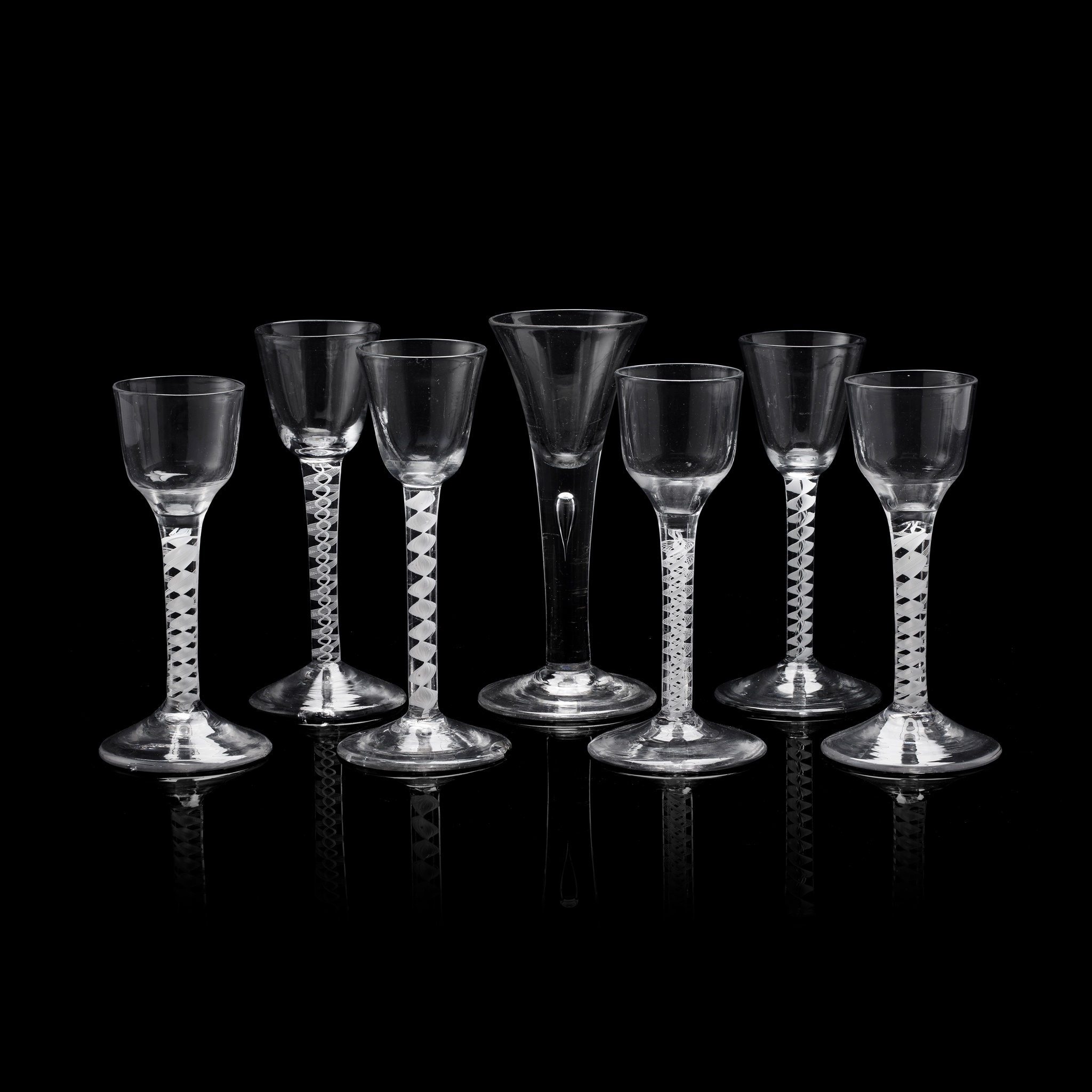 SIX VARIOUS OPAQUE TWIST CORDIAL GLASSES