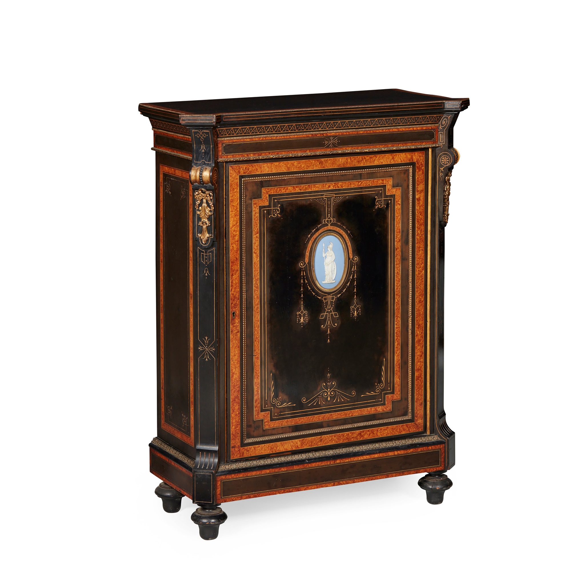 VICTORIAN AMBOYNA, EBONISED, JASPERWARE MOUNTED SIDE CABINET