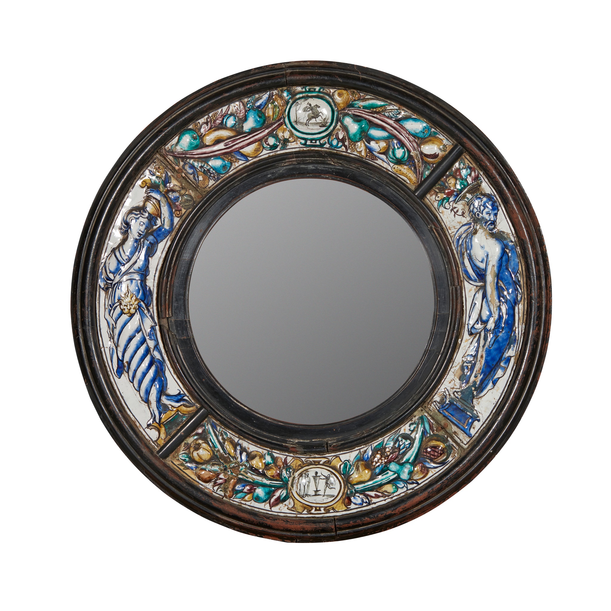 CONTINENTAL ENAMEL AND EBONISED CONVEX MIRROR