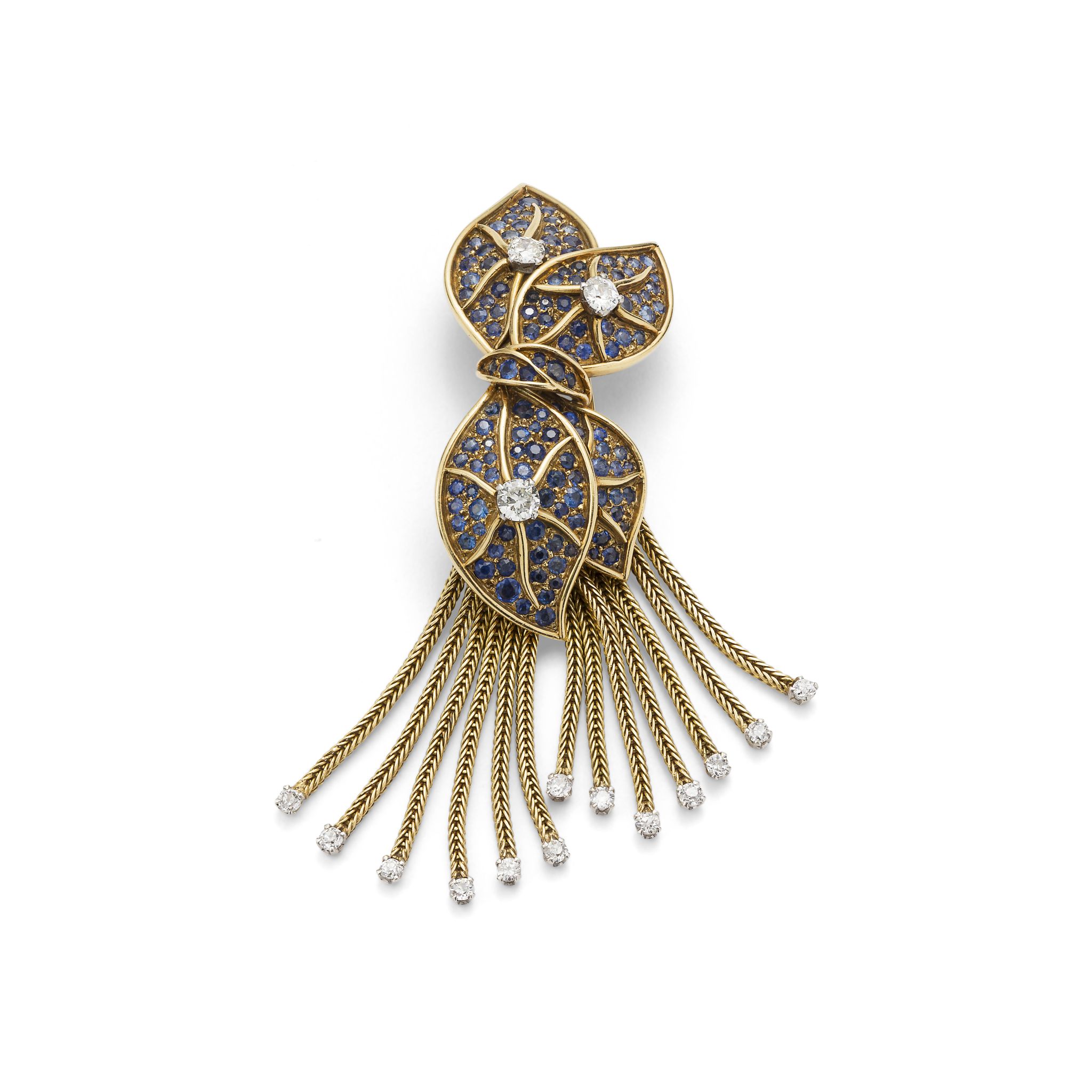 A mid 20th century sapphire and diamond brooch, by Fringhian