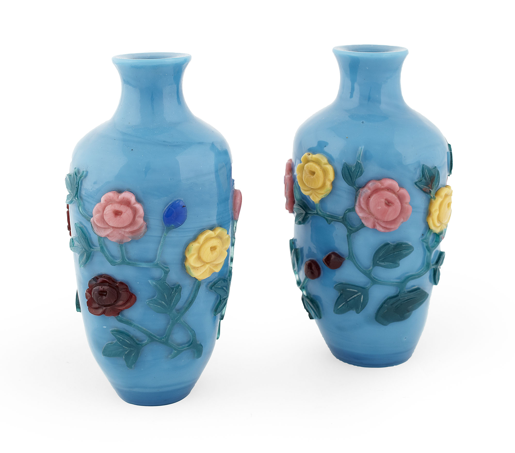 PAIR OF CHINESE POLYCHROME OVERLAID GLASS VASES