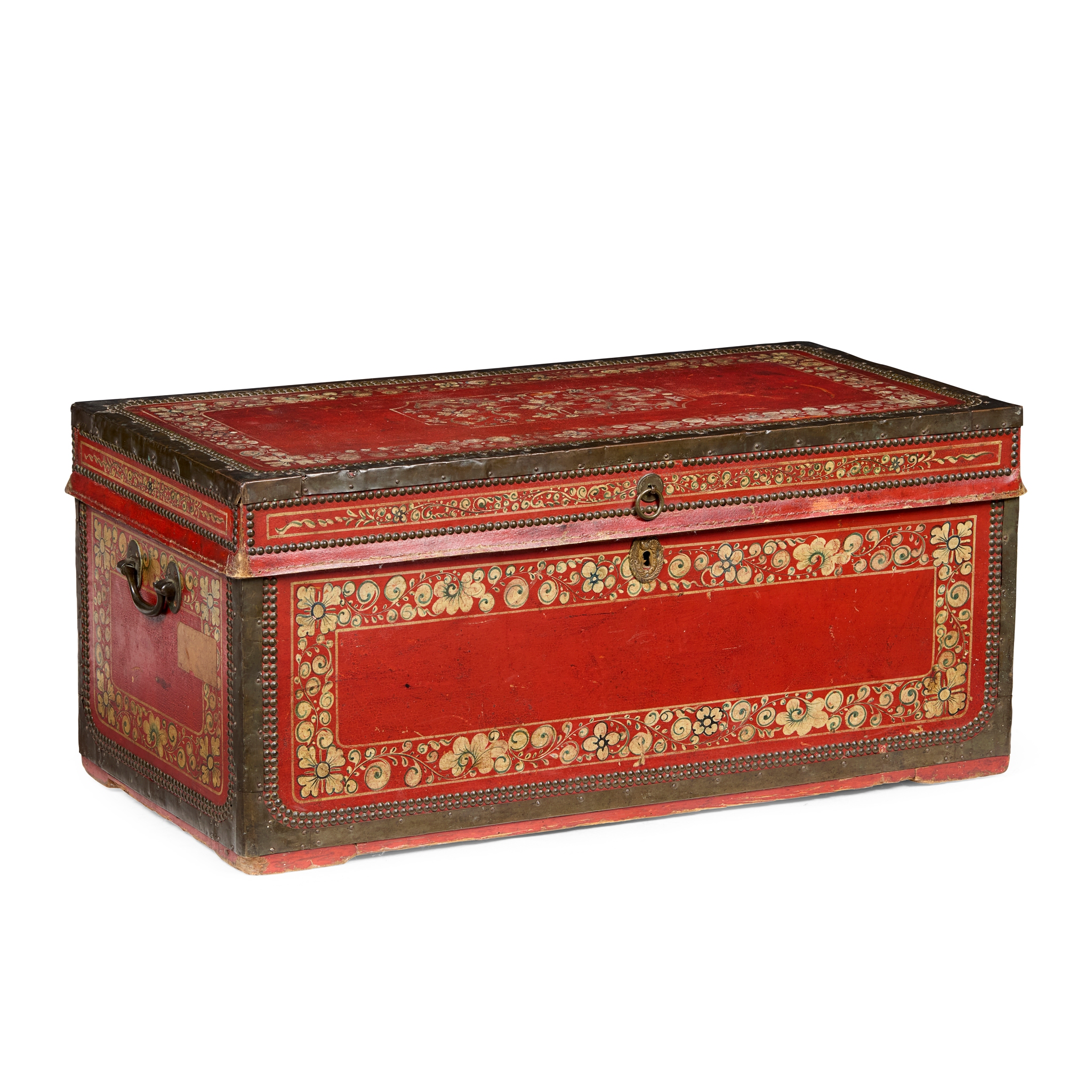 CHINESE EXPORT RED PAINTED LEATHER AND BRASS BANDED CAMPHOR WOOD TRUNK