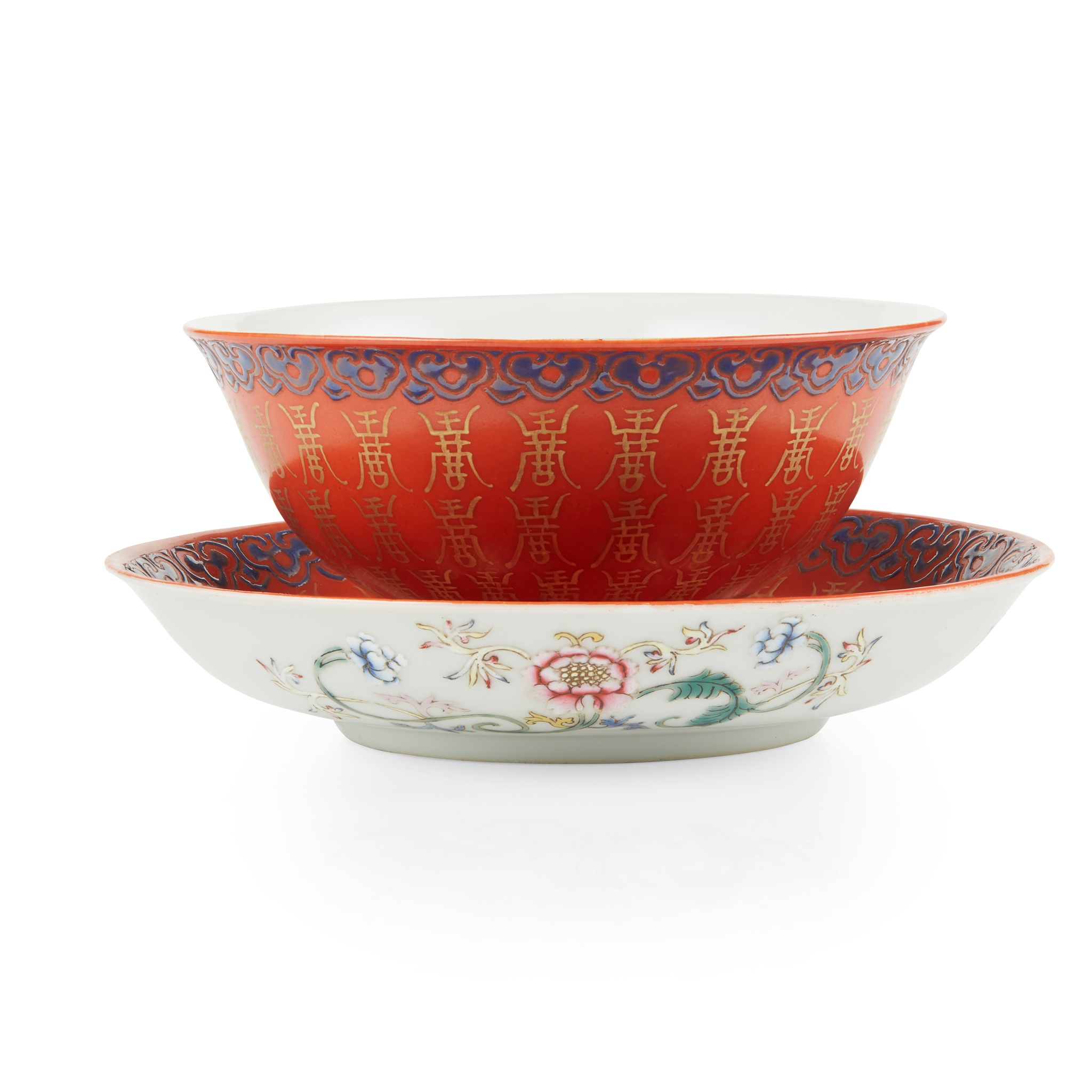 CORAL-RED-GROUND GILT-DECORATED 'LONGEVITY' BOWL AND SAUCER