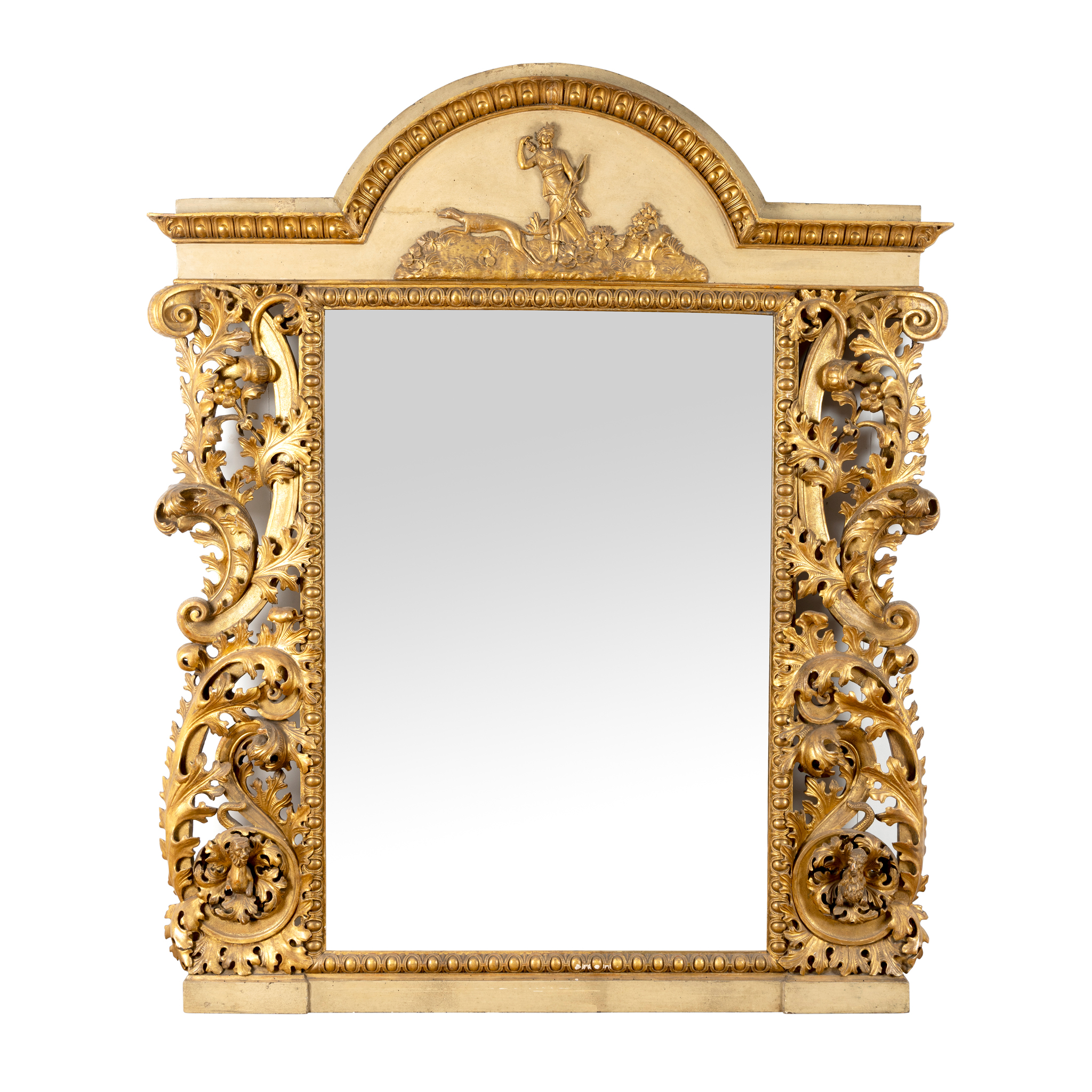A CREAM PAINTED AND GILT WOOD OVERMANTLE MIRROR
