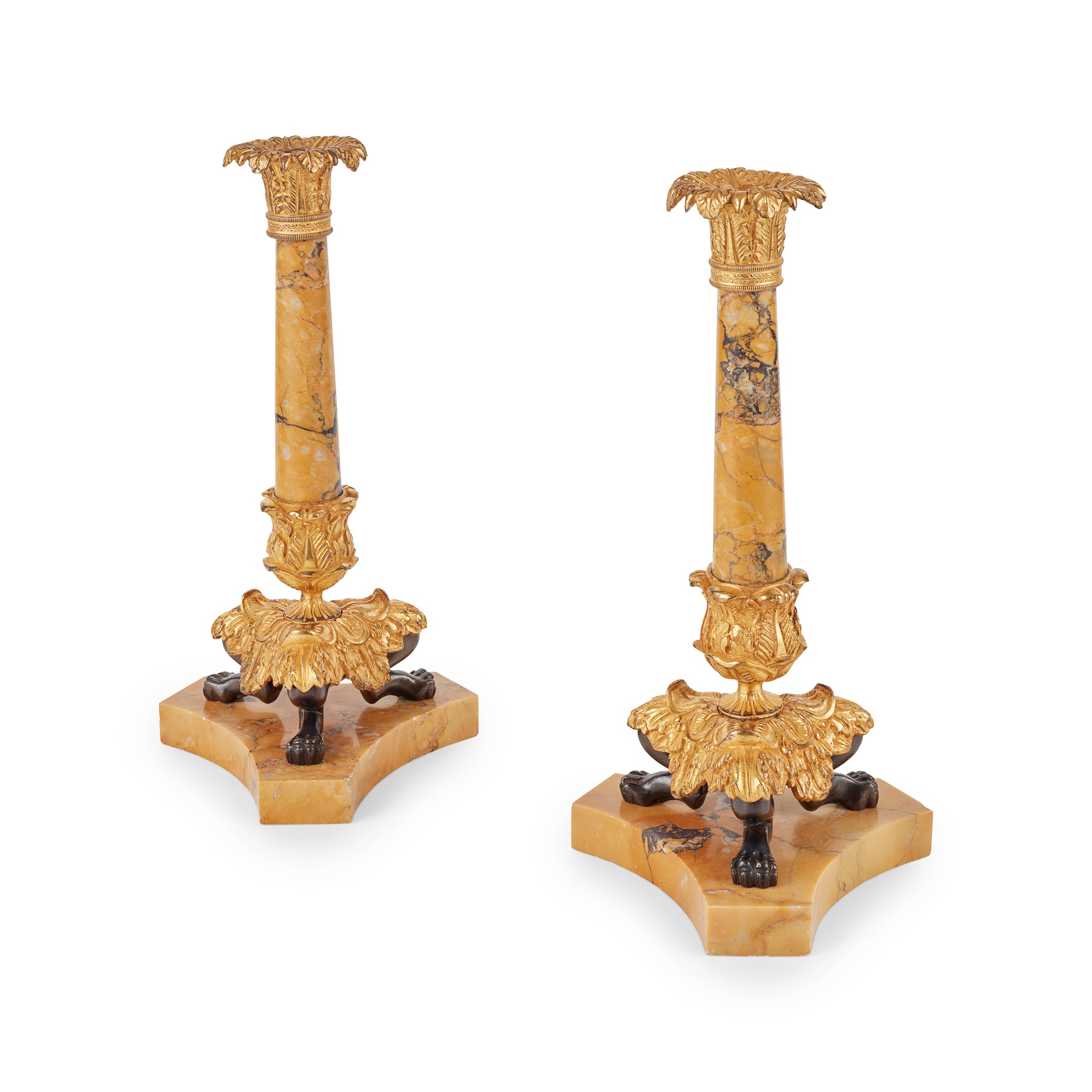 PAIR OF SIENA MARBLE, GILT AND PATINATED METAL CANDLESTICKS