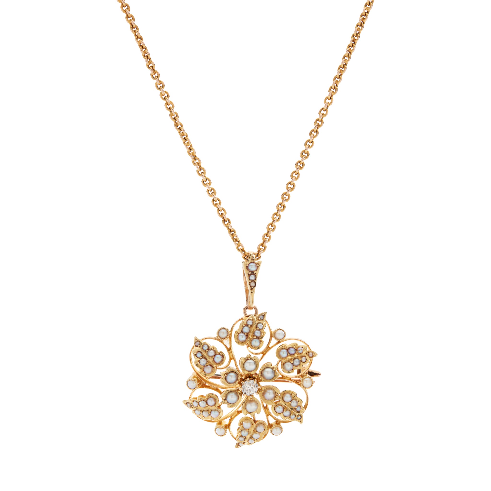 An early 20th-Century seed pearl and diamond necklace