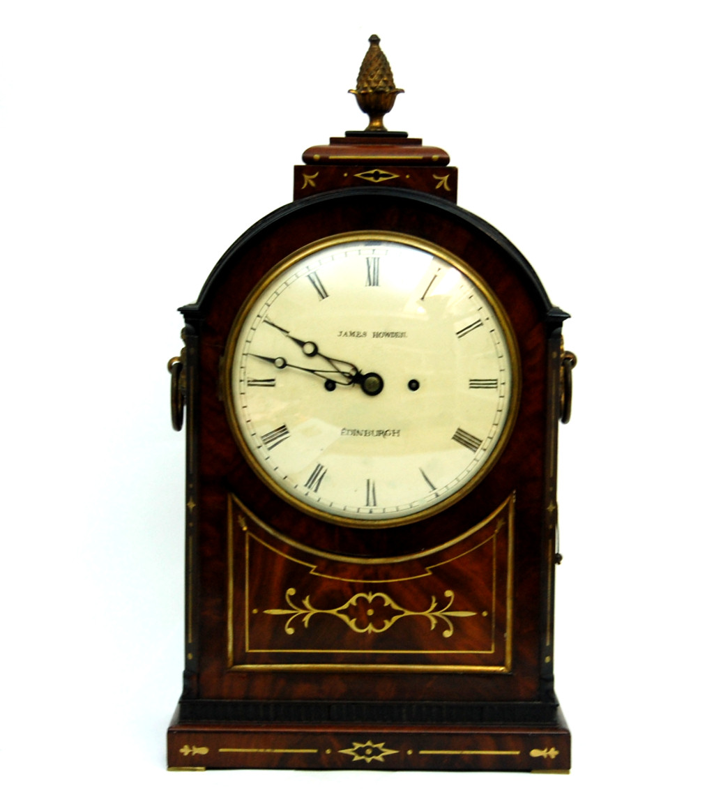 SCOTTISH REGENCY MAHOGANY AND BRASS INLAID BRACKET CLOCK
