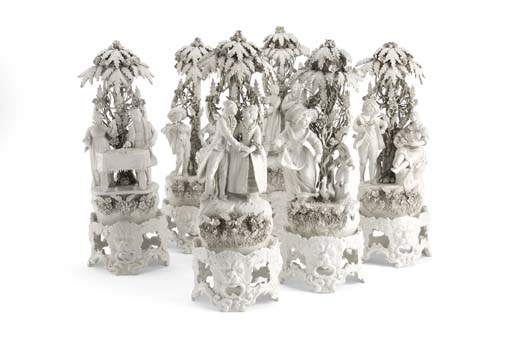 A set of six 19th century Capo di Monte blanc de chine figure groups