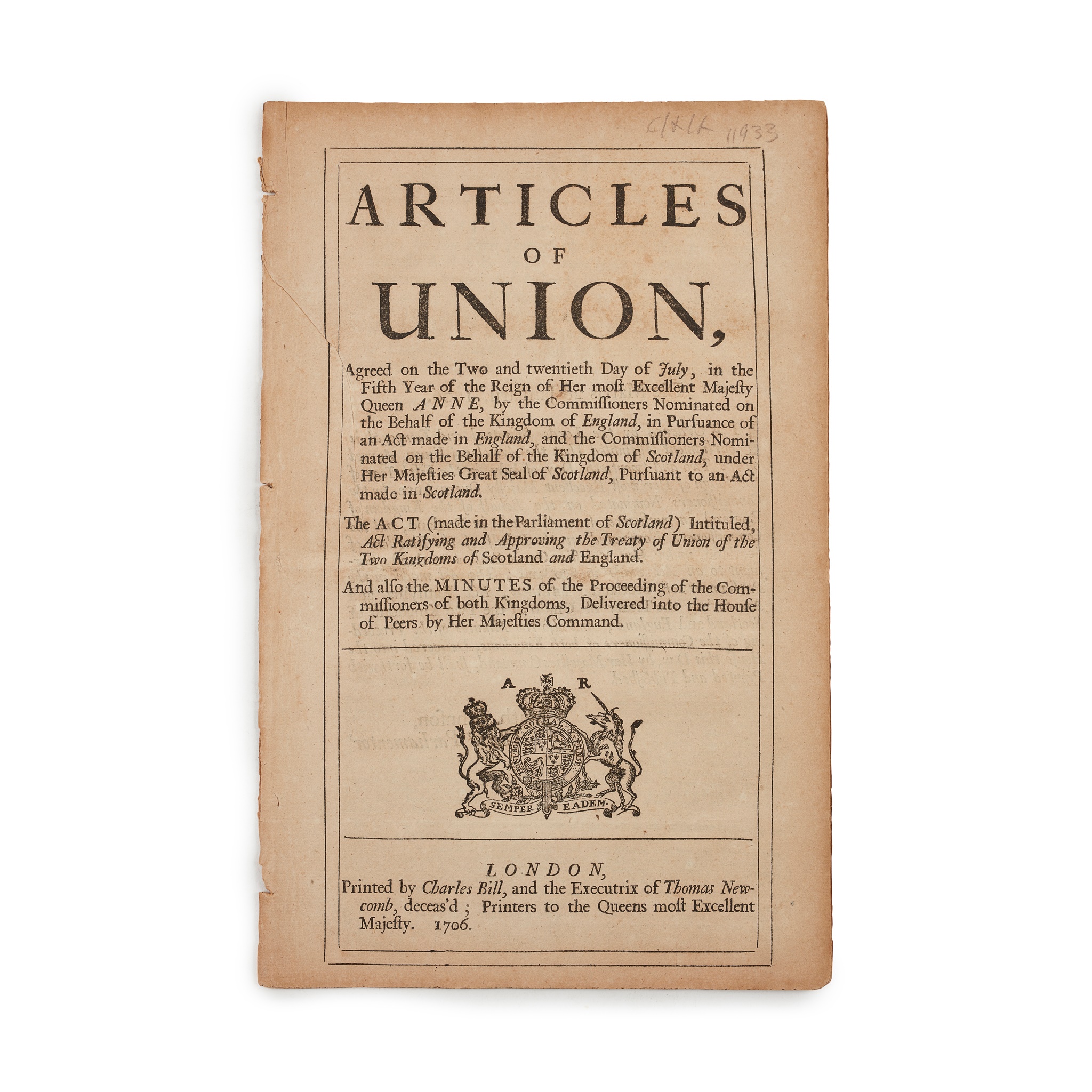 Queen Anne. The Union of England and Scotland, 1706